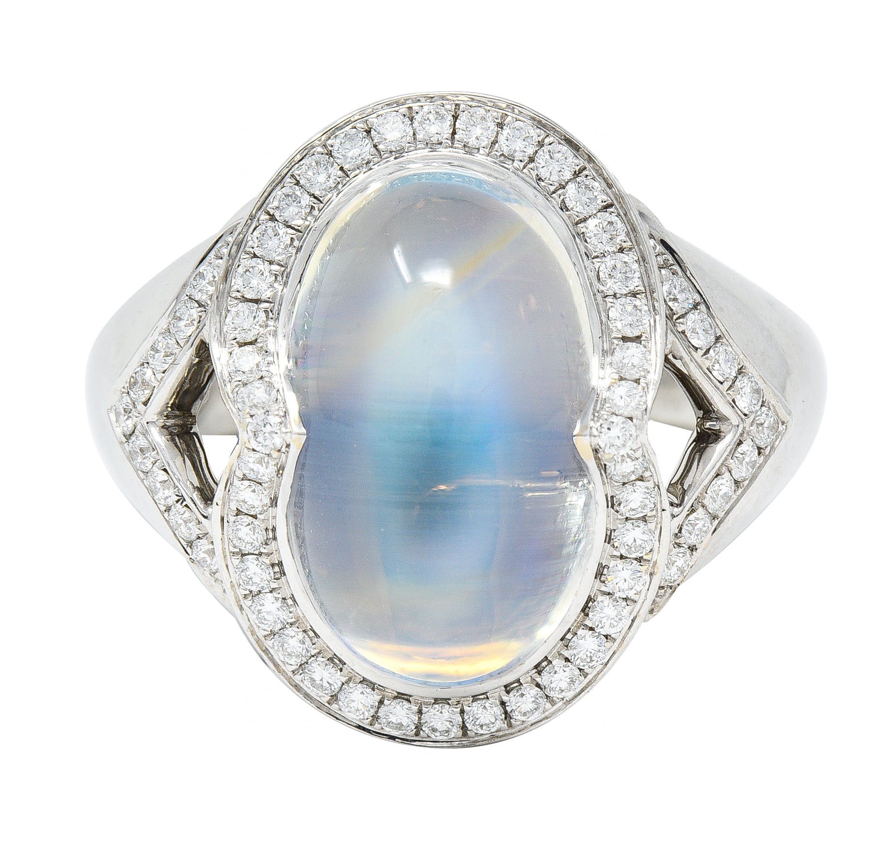 Spark Contemporary Rainbow Moonstone Cabochon Diamond 18 Karat White Gold Halo Ring Wilson's Estate Jewelry