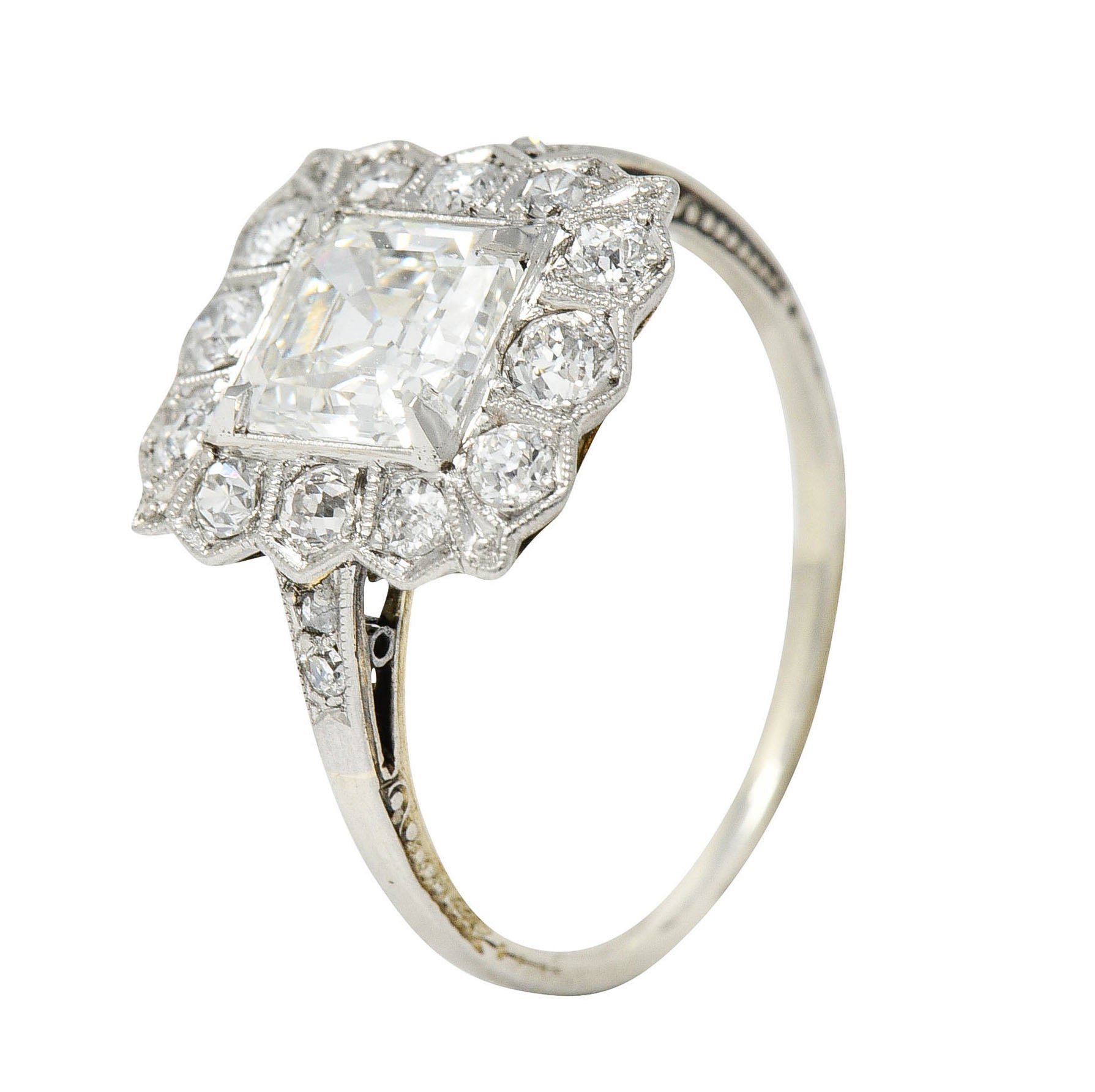 Edwardian 2.07 CTW Asscher Diamond Platinum-Topped 14 Karat Gold Cluster Ring GIARing - Wilson's Estate Jewelry