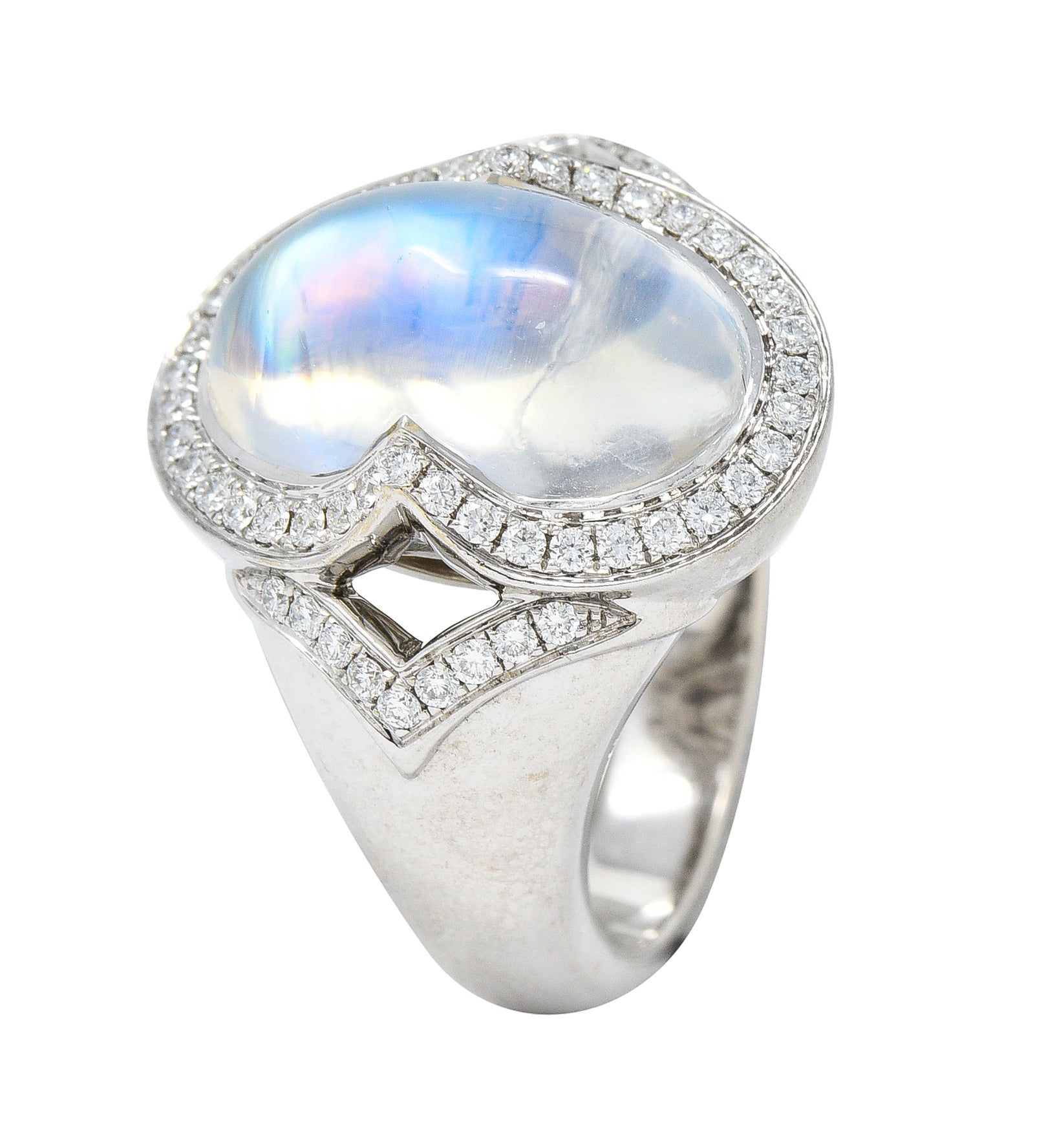 Spark Contemporary Rainbow Moonstone Cabochon Diamond 18 Karat White Gold Halo Ring Wilson's Estate Jewelry