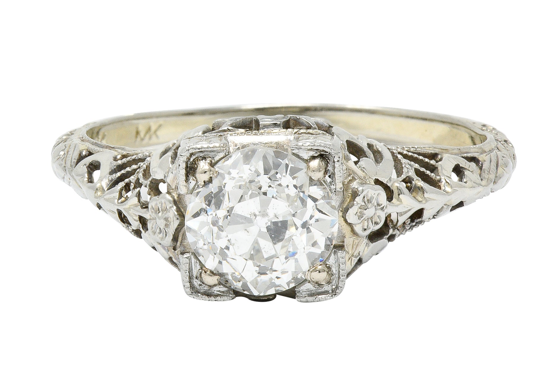 1930's Walter McKenna 1.00 CTW Diamond 18 Karat White Gold Floral Engagement RingRing - Wilson's Estate Jewelry