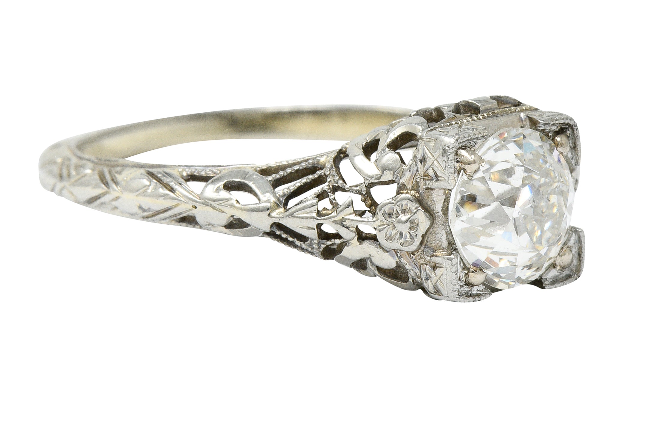 1930's Walter McKenna 1.00 CTW Diamond 18 Karat White Gold Floral Engagement RingRing - Wilson's Estate Jewelry