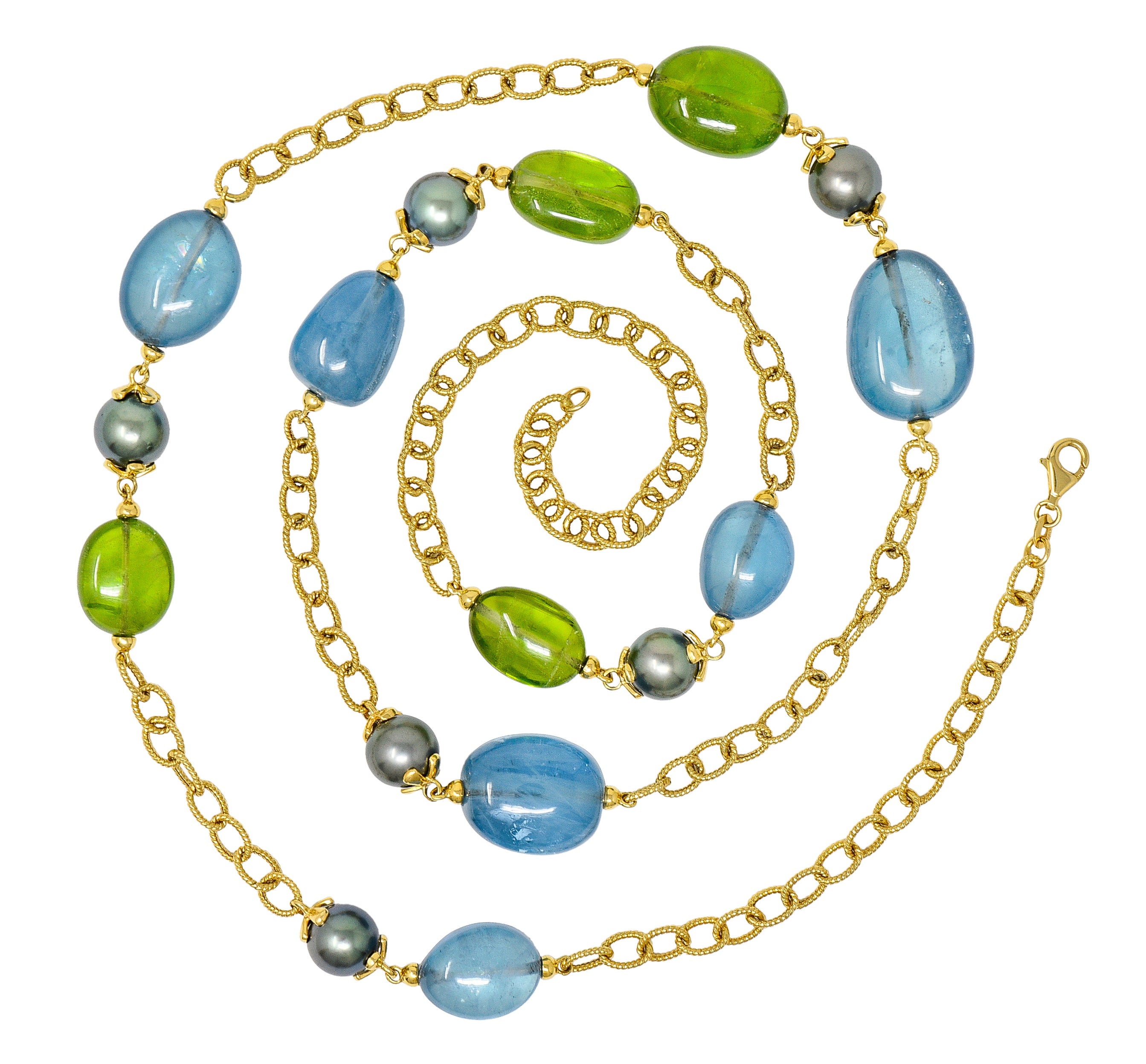 Goshwara Aquamarine Peridot Tahitian Pearl 18 Karat Gold Long Chain Station NecklaceNecklace - Wilson's Estate Jewelry