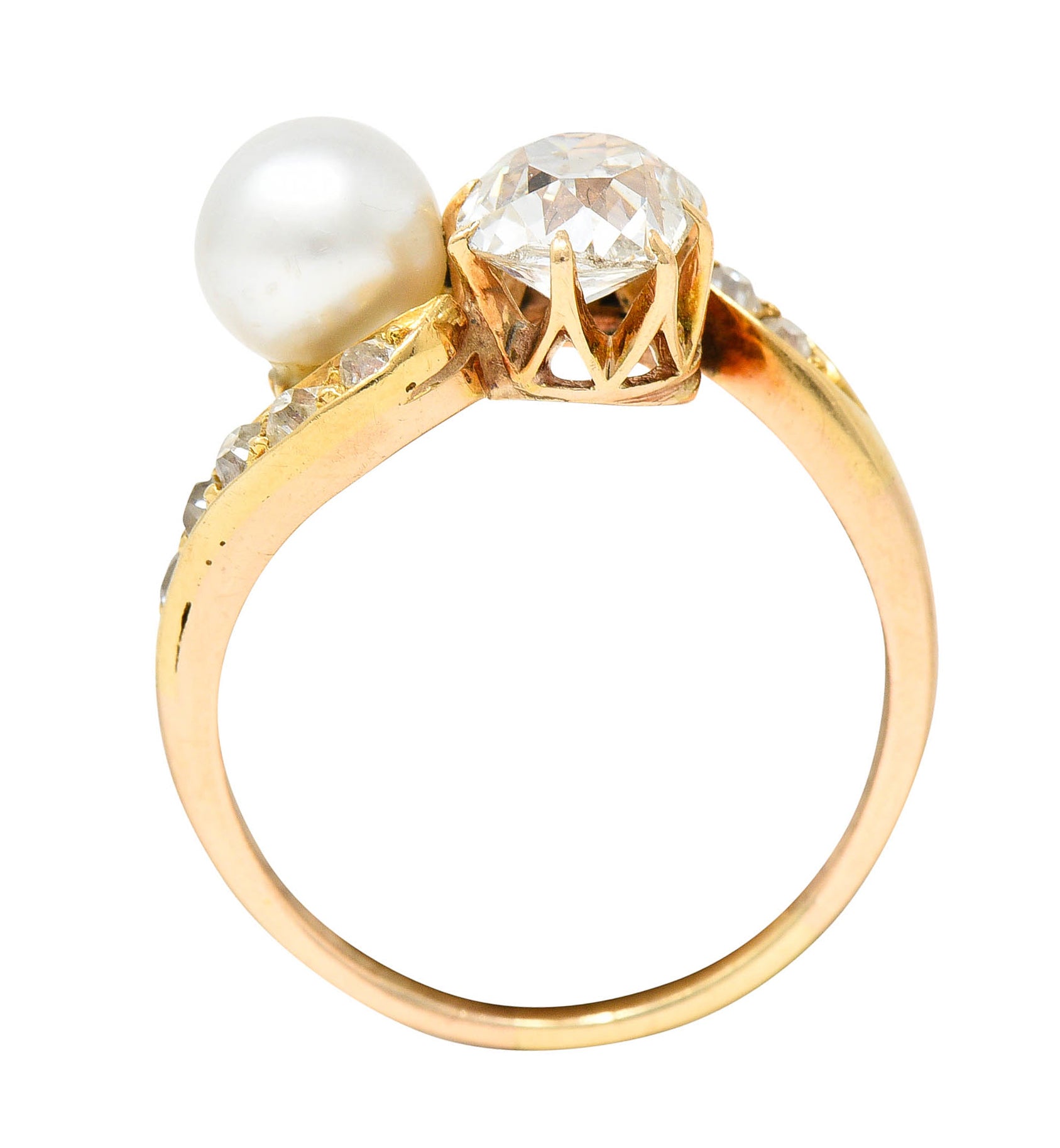 Victorian Pearl 0.88 CTW Diamond 14 Karat Gold Toi Et Moi Bypass RingRing - Wilson's Estate Jewelry