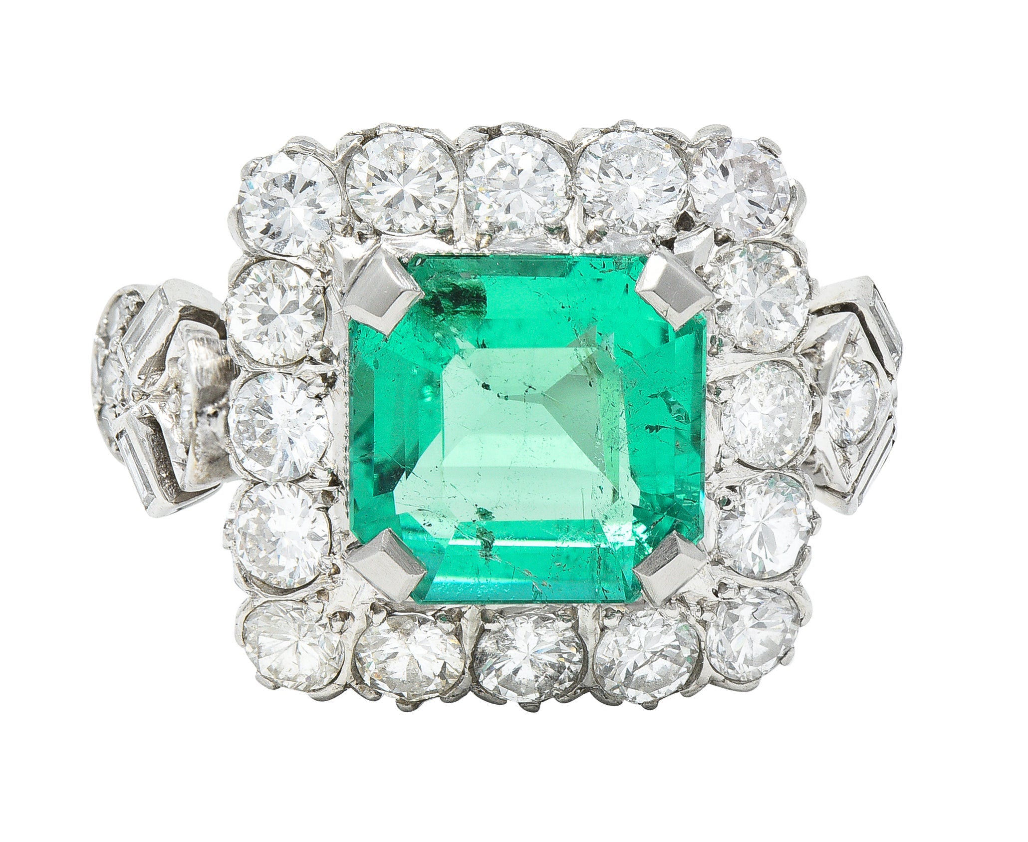 Mid-Century 5.73 CTW  Colombian Emerald Transitional Cut Diamond Platinum Vintage Halo Ring GIA Wilson's Estate Jewelry