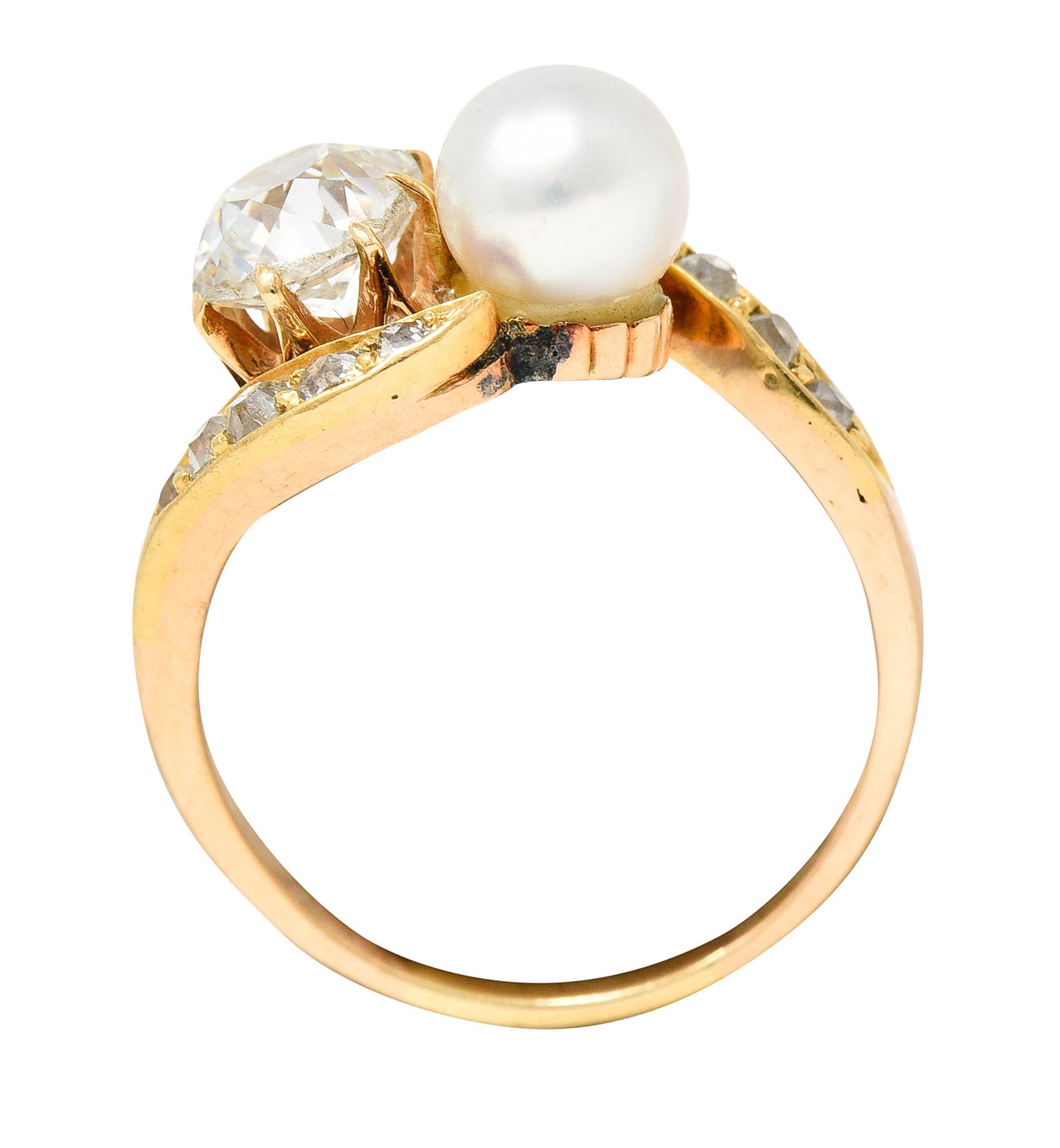 Victorian Pearl 0.88 CTW Diamond 14 Karat Gold Toi Et Moi Bypass RingRing - Wilson's Estate Jewelry