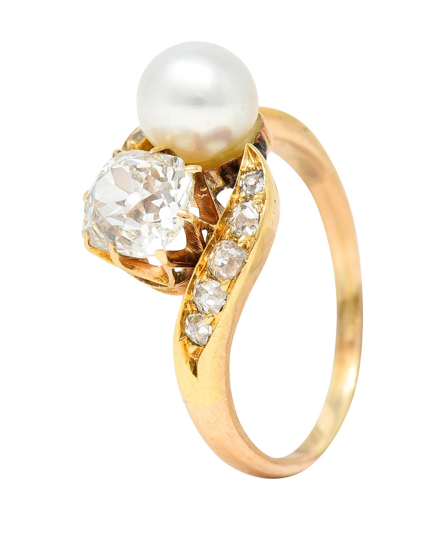 Victorian Pearl 0.88 CTW Diamond 14 Karat Gold Toi Et Moi Bypass RingRing - Wilson's Estate Jewelry