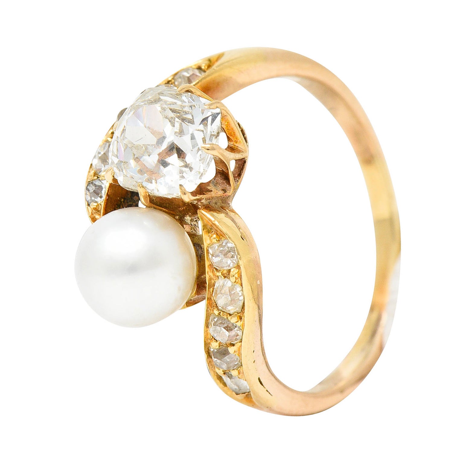 Victorian Pearl 0.88 CTW Diamond 14 Karat Gold Toi Et Moi Bypass RingRing - Wilson's Estate Jewelry