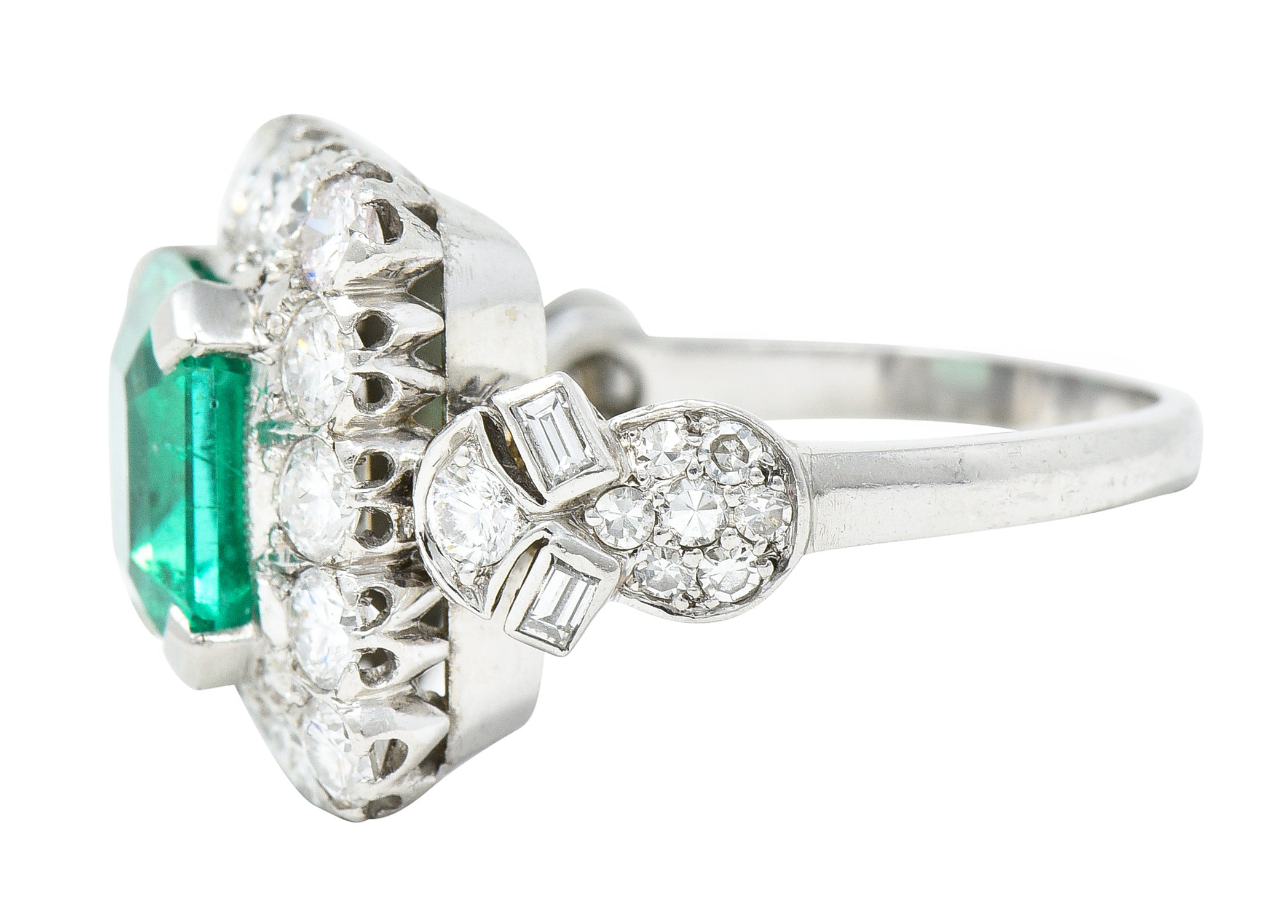 Mid-Century 5.73 CTW  Colombian Emerald Transitional Cut Diamond Platinum Vintage Halo Ring GIA Wilson's Estate Jewelry