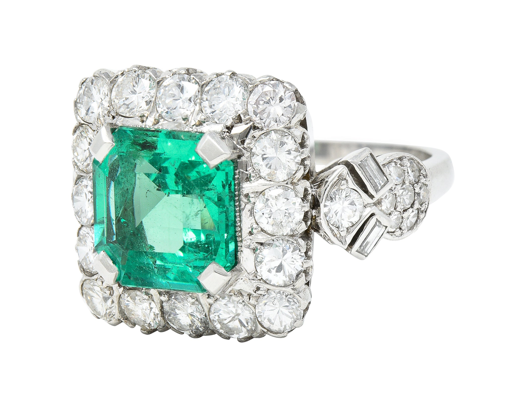 Mid-Century 5.73 CTW  Colombian Emerald Transitional Cut Diamond Platinum Vintage Halo Ring GIA Wilson's Estate Jewelry