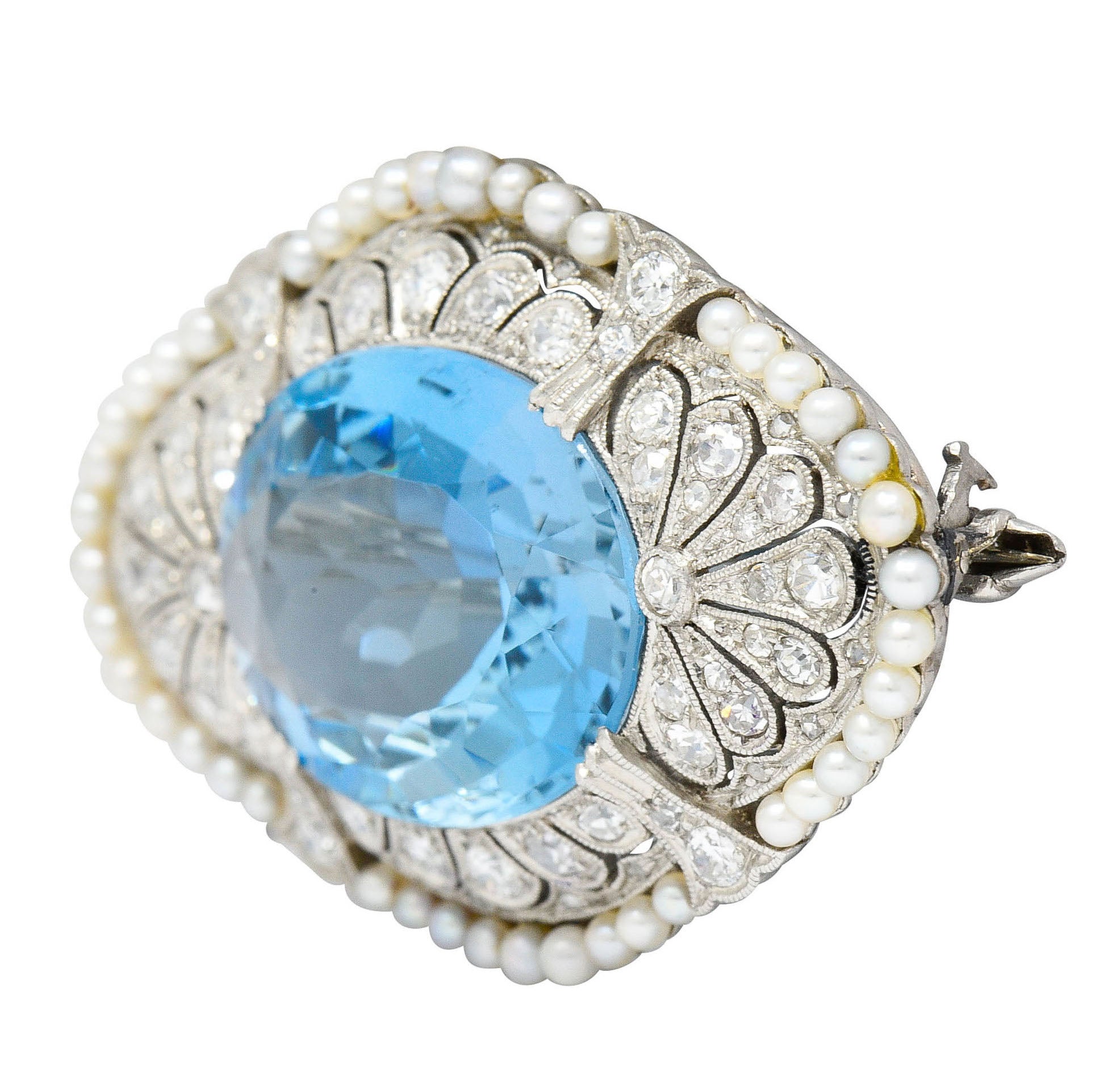 Swiss Edwardian 15.55 CTW Aquamarine Diamond Pearl Platinum BroochBrooch - Wilson's Estate Jewelry