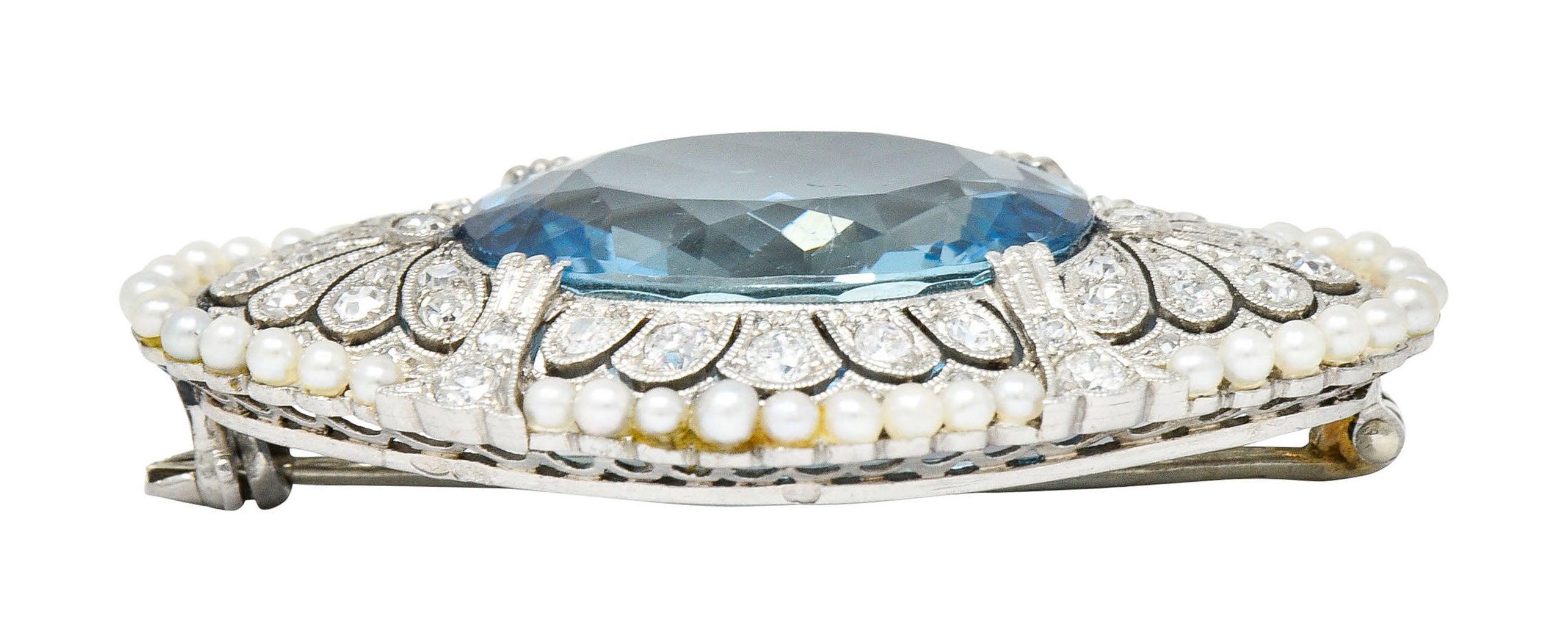 Swiss Edwardian 15.55 CTW Aquamarine Diamond Pearl Platinum BroochBrooch - Wilson's Estate Jewelry