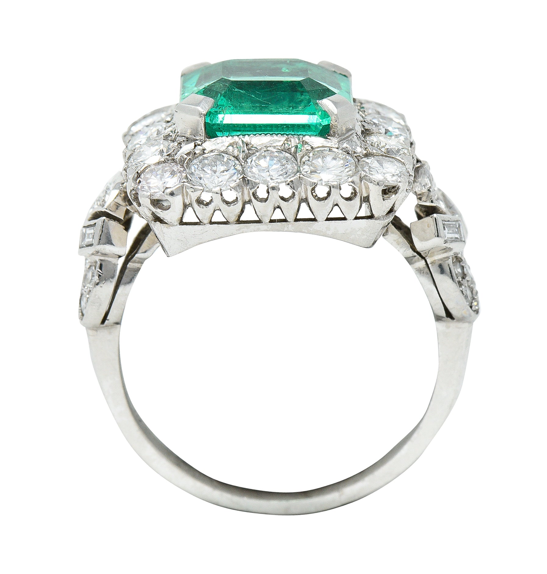 Mid-Century 5.73 CTW  Colombian Emerald Transitional Cut Diamond Platinum Vintage Halo Ring GIA Wilson's Estate Jewelry