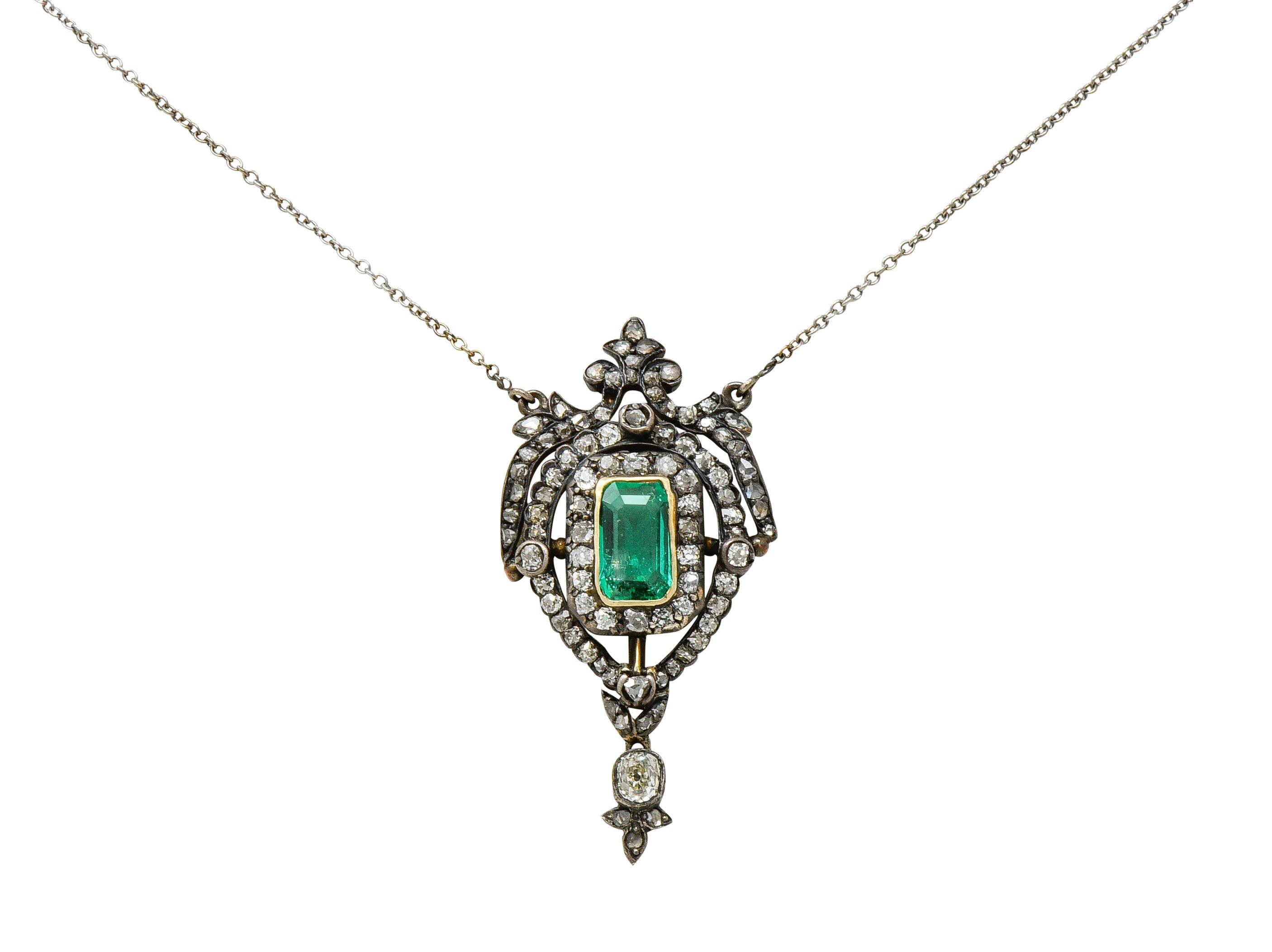 Early Victorian Emerald Diamond Silver-Topped Gold Ornate Drop NecklaceNecklace - Wilson's Estate Jewelry