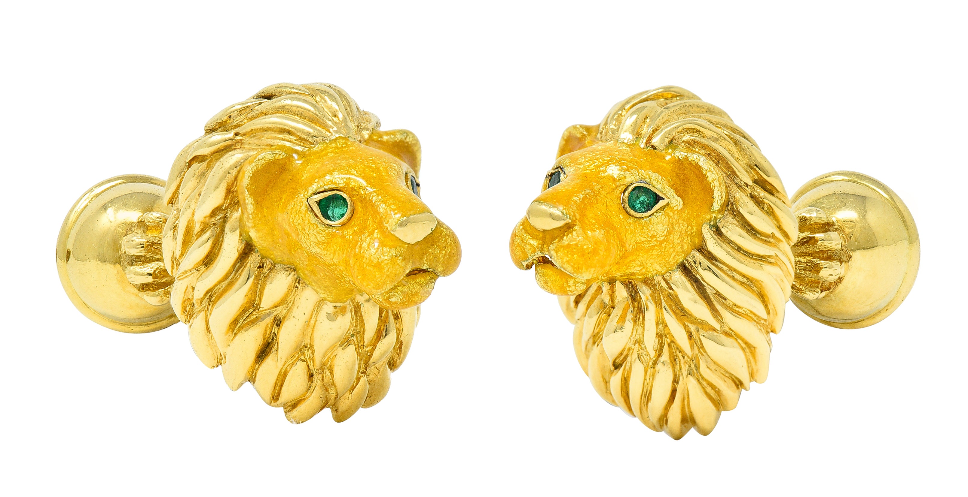 Tiffany & Co. Emerald Enamel 18 Karat Yellow Gold Lion Head Vintage Men's Cufflink Dress Set Wilson's Estate Jewelry