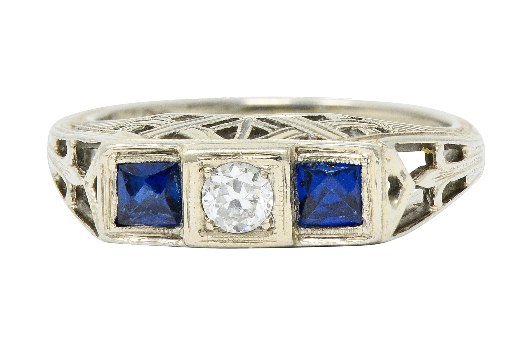 Art Deco 0.73 CTW Diamond Sapphire 19 Karat White Gold Band RingRing - Wilson's Estate Jewelry