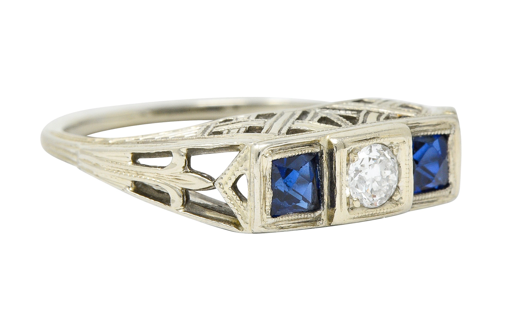 Art Deco 0.73 CTW Diamond Sapphire 19 Karat White Gold Band RingRing - Wilson's Estate Jewelry