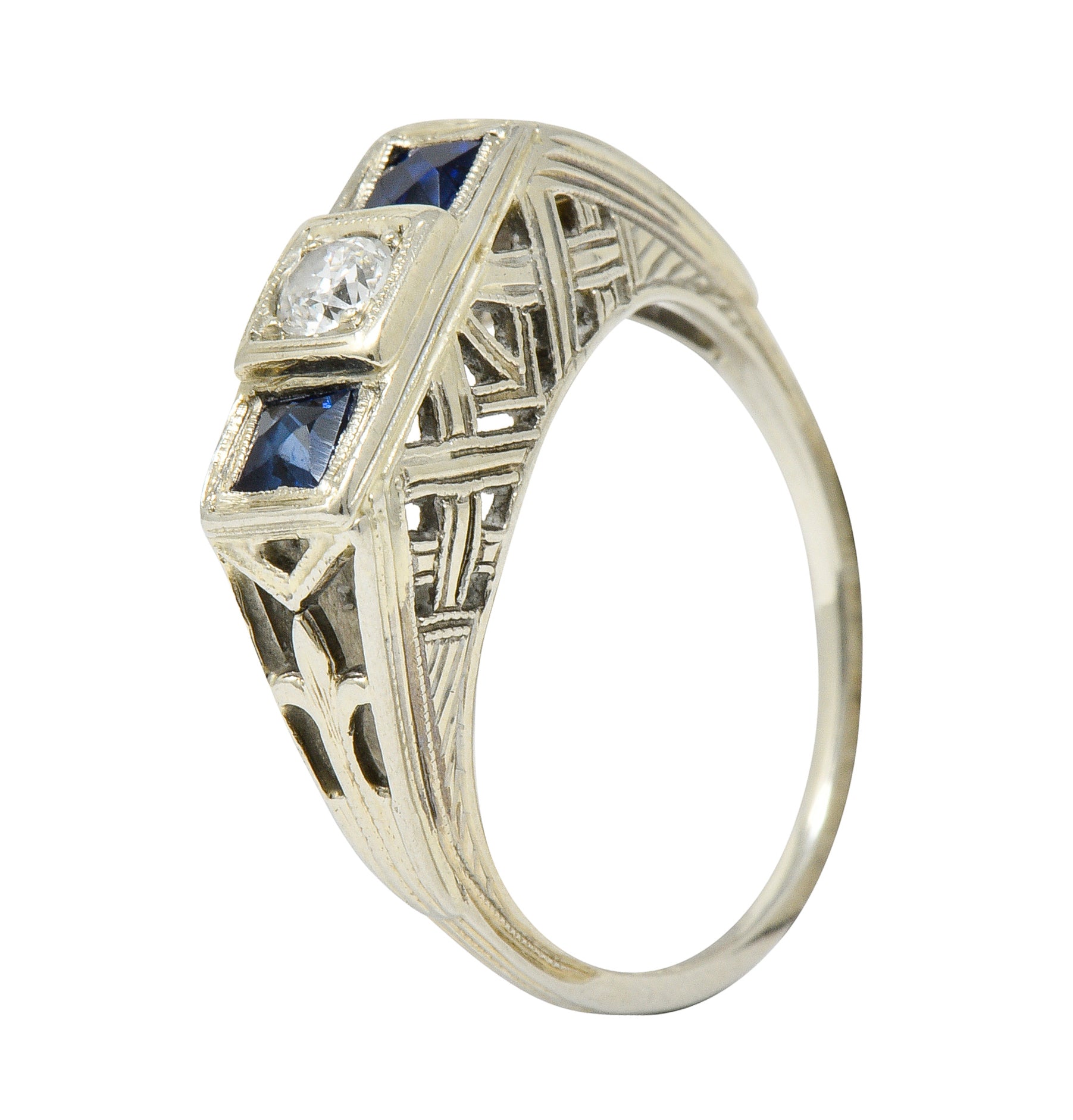 Art Deco 0.73 CTW Diamond Sapphire 19 Karat White Gold Band RingRing - Wilson's Estate Jewelry