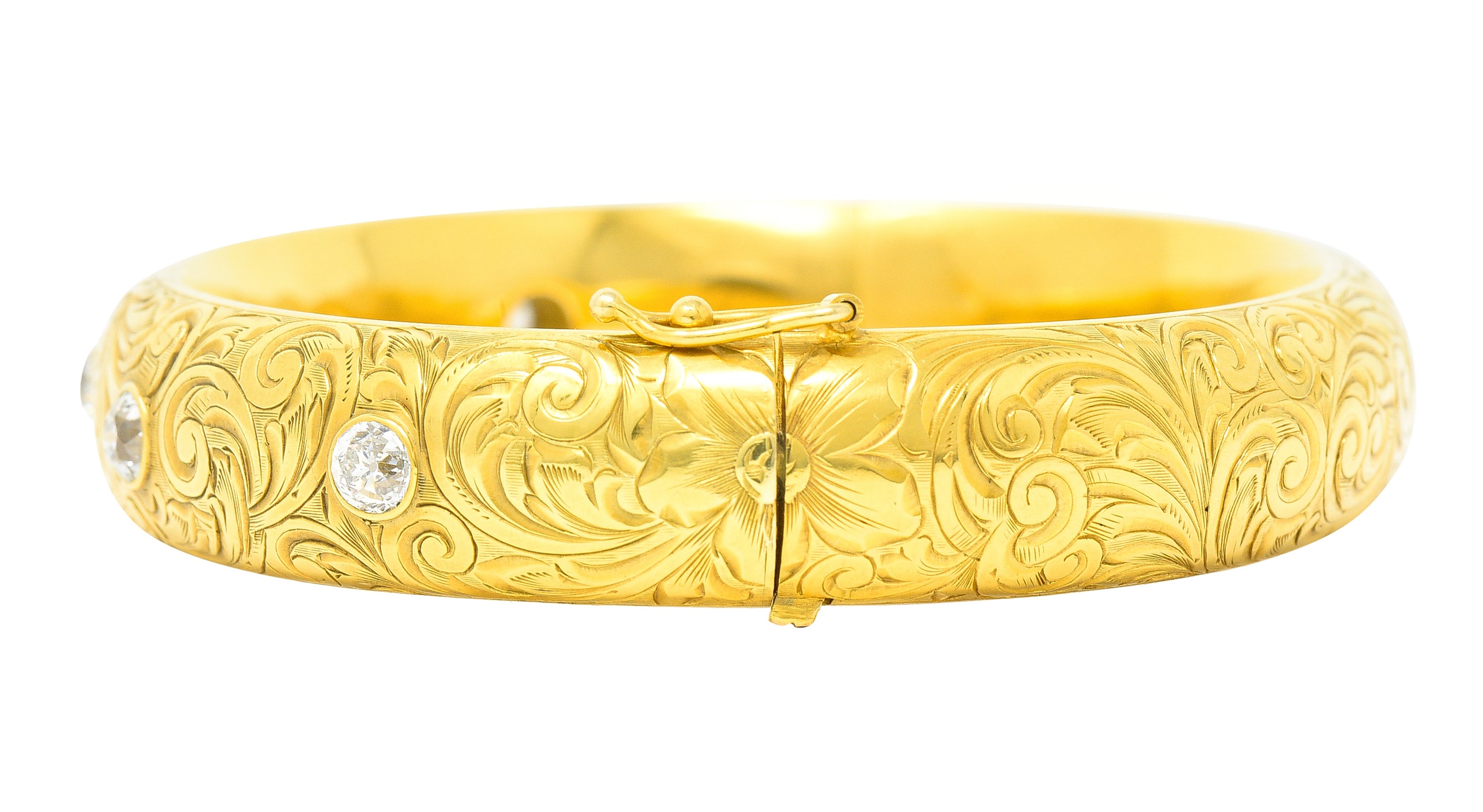 Riker Brothers Victorian 1.45 CTW Old Mine Diamond 14 Karat Yellow Gold Antique Hinged Bangle Bracelet Wilson's Estate Jewelry