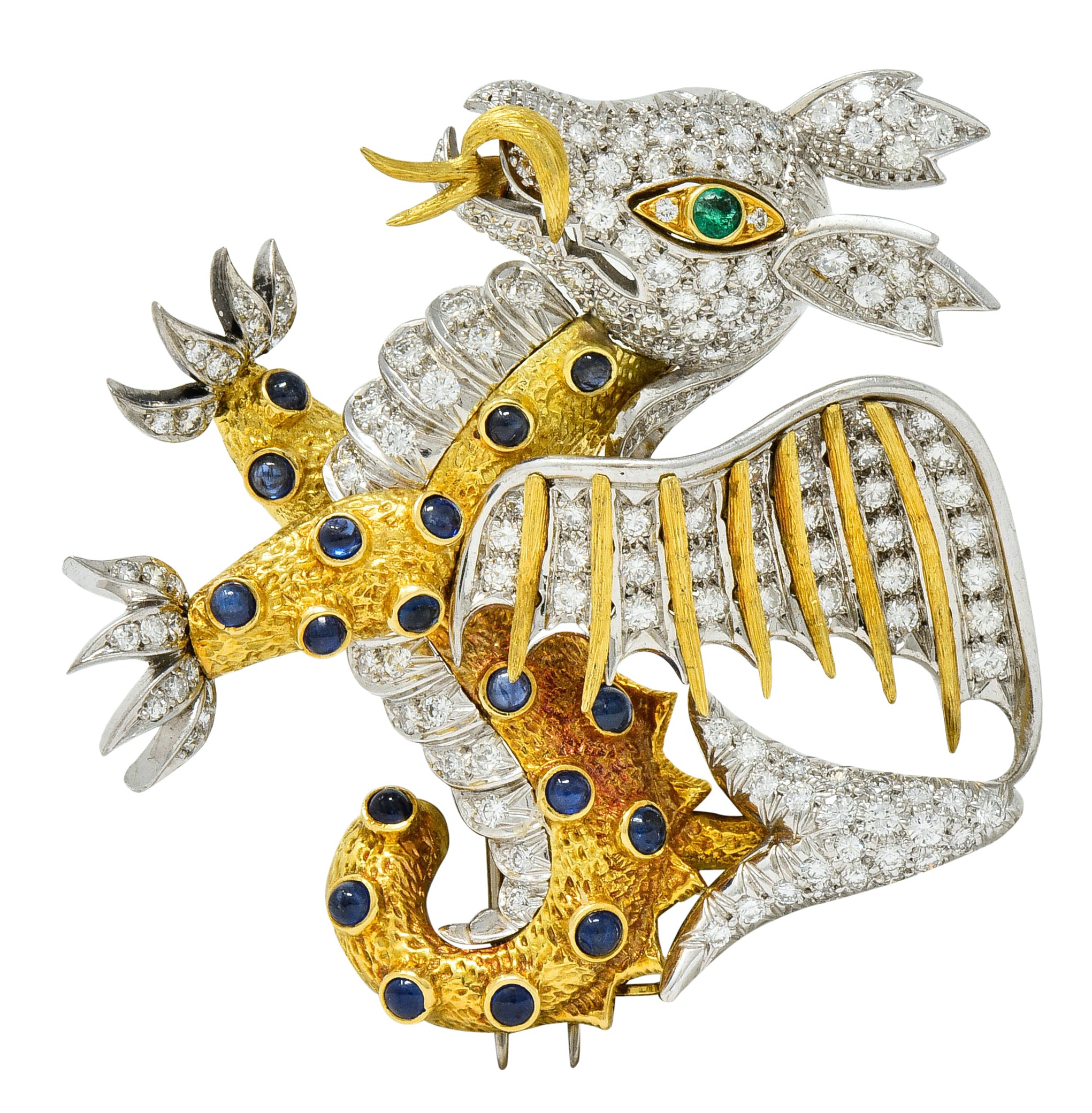 1960's Vintage Diamond Emerald Sapphire Platinum 18 Karat Gold Serpent Dragon Brooch - Wilson's Estate Jewelry