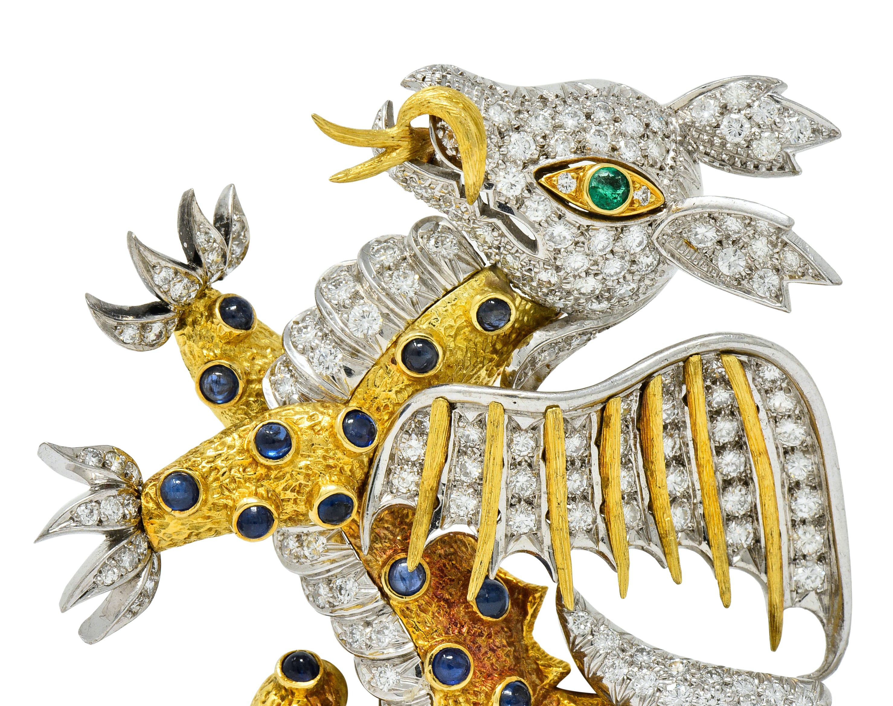 1960's Vintage Diamond Emerald Sapphire Platinum 18 Karat Gold Serpent Dragon Brooch - Wilson's Estate Jewelry