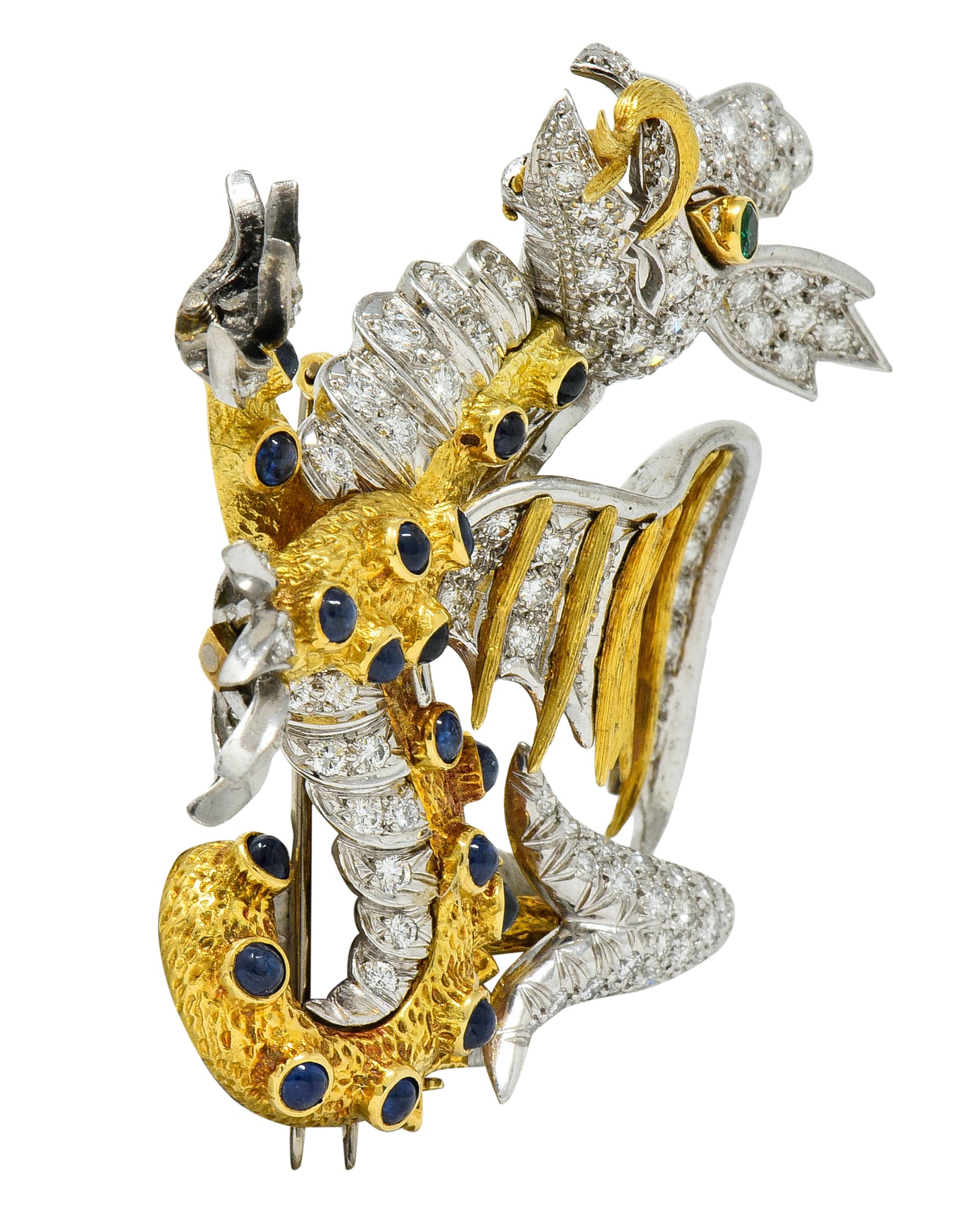 1960's Vintage Diamond Emerald Sapphire Platinum 18 Karat Gold Serpent Dragon Brooch - Wilson's Estate Jewelry