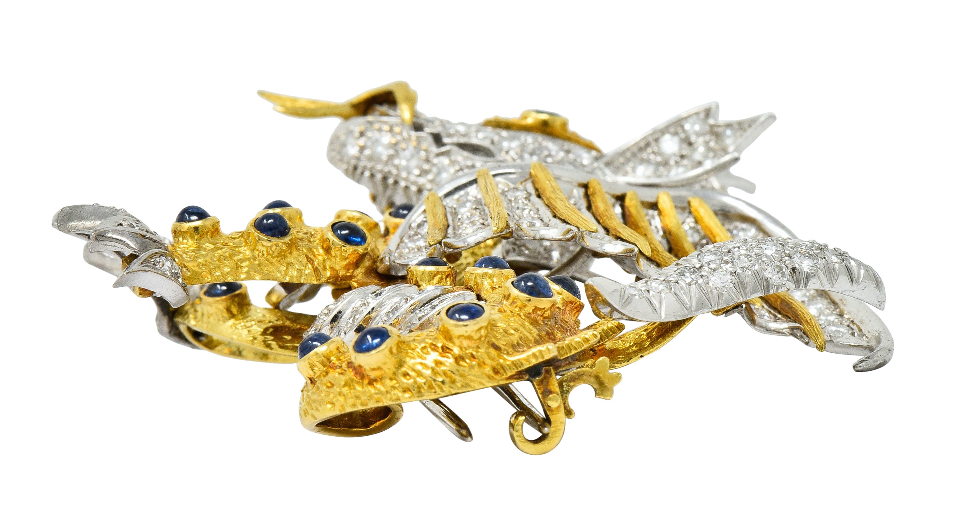 1960's Vintage Diamond Emerald Sapphire Platinum 18 Karat Gold Serpent Dragon Brooch - Wilson's Estate Jewelry