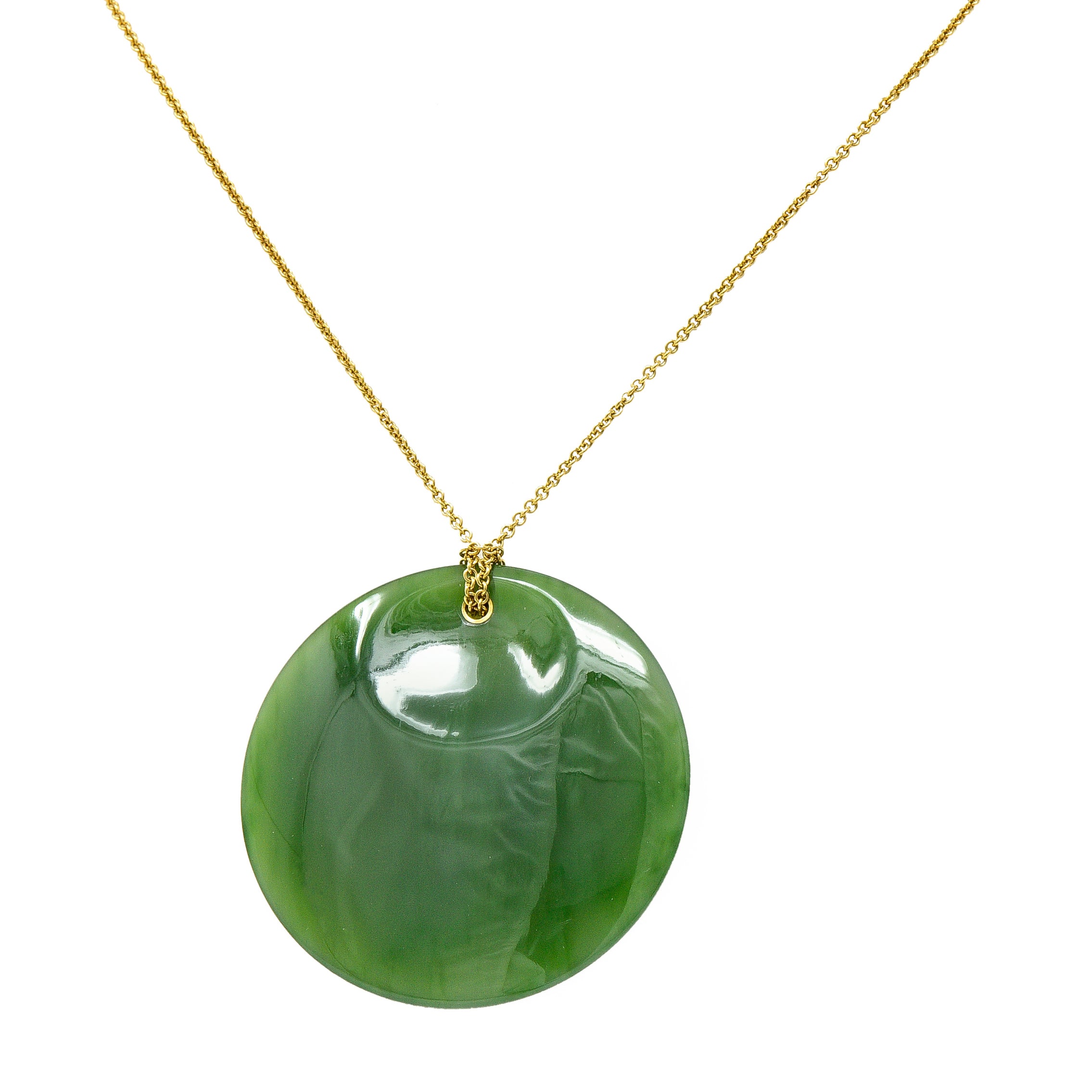 Large Elsa Peretti Tiffany & Co. Nephrite Jade 18 Karat Yellow Gold Vintage Carved Touchstone Pendant Necklace Wilson's Estate Jewelry