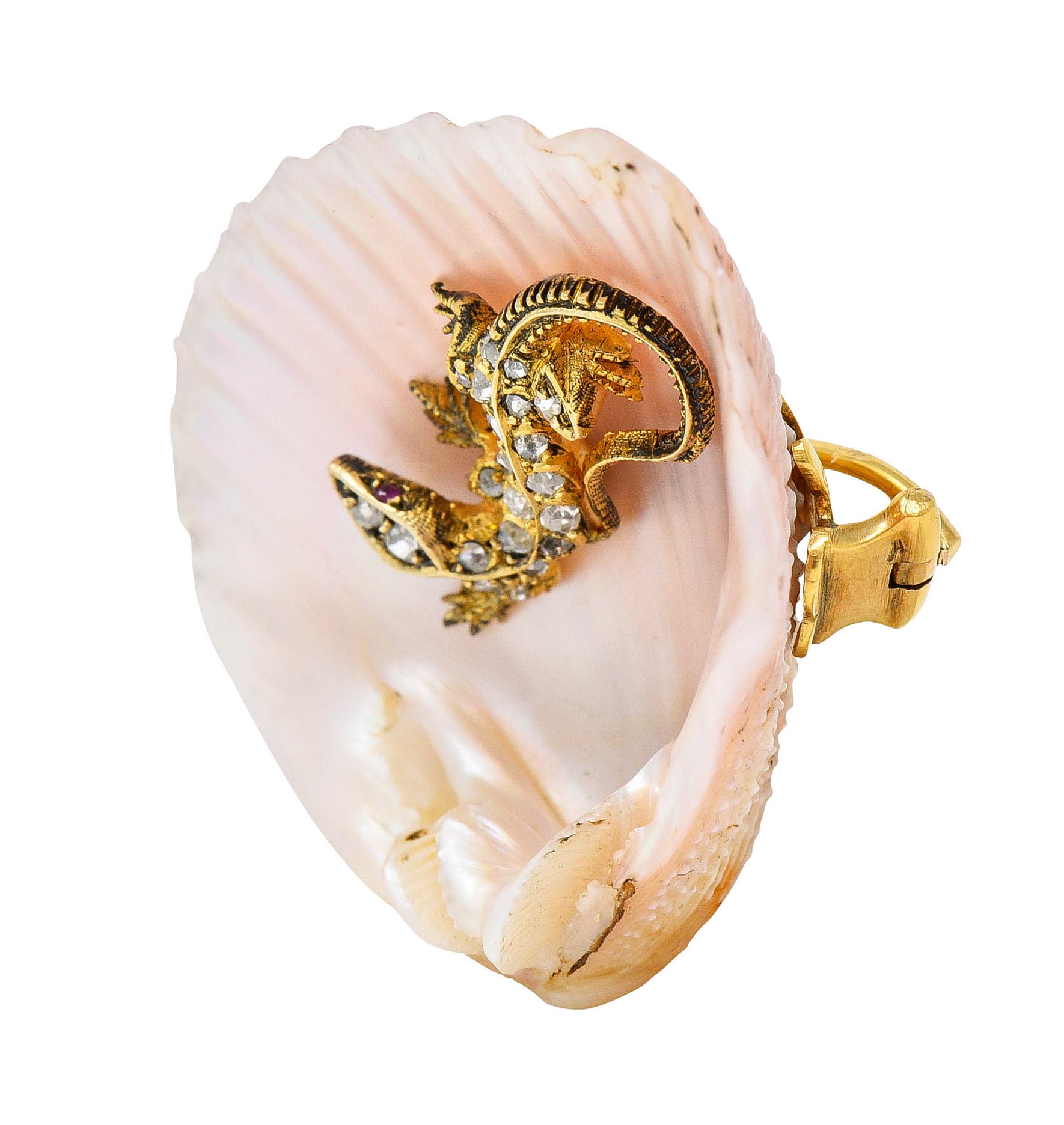 French Victorian Shell Rose Cut Diamond 18 Karat Gold Lizard BroochBrooch - Wilson's Estate Jewelry