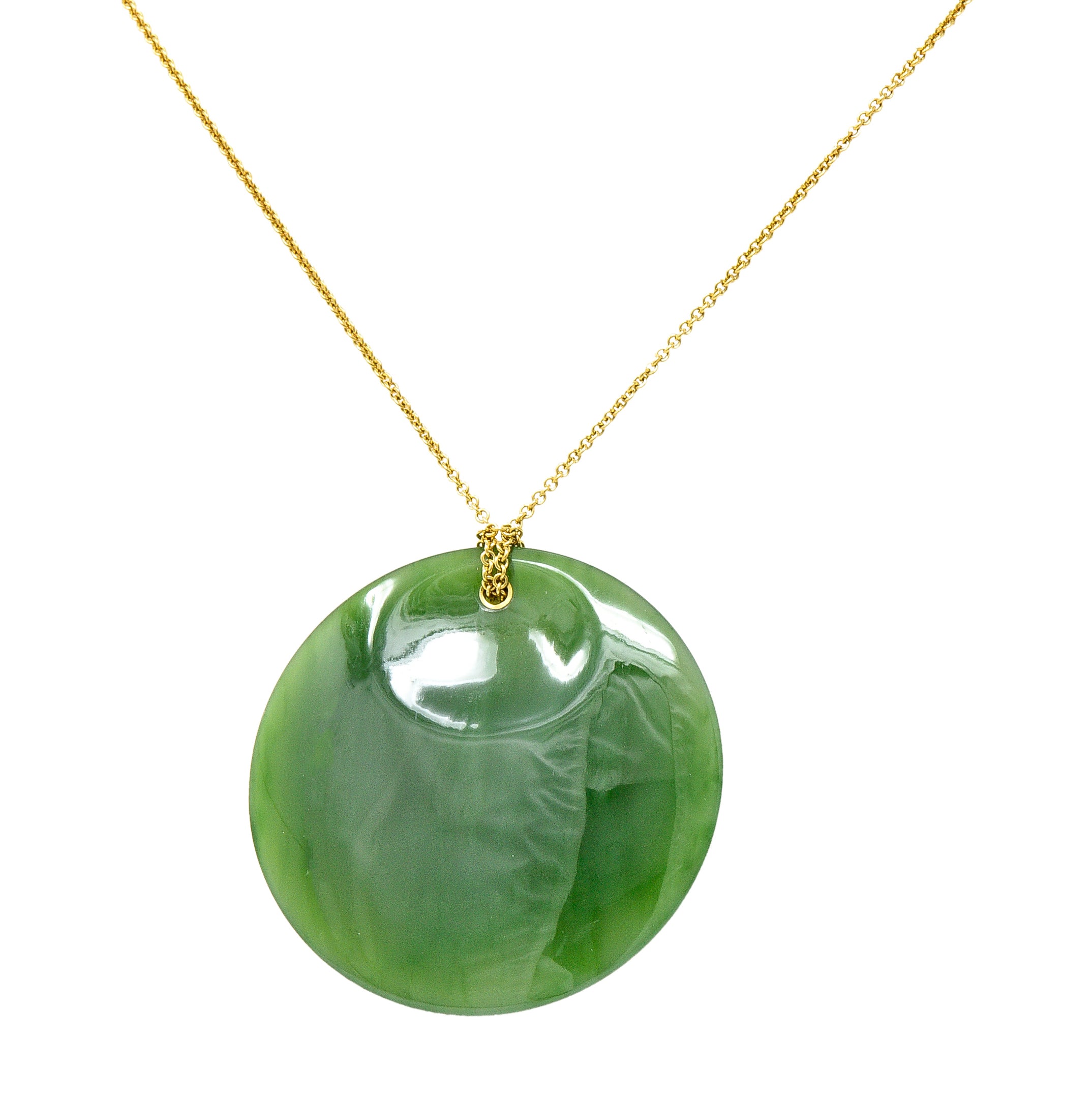 Large Elsa Peretti Tiffany & Co. Nephrite Jade 18 Karat Yellow Gold Vintage Carved Touchstone Pendant Necklace Wilson's Estate Jewelry