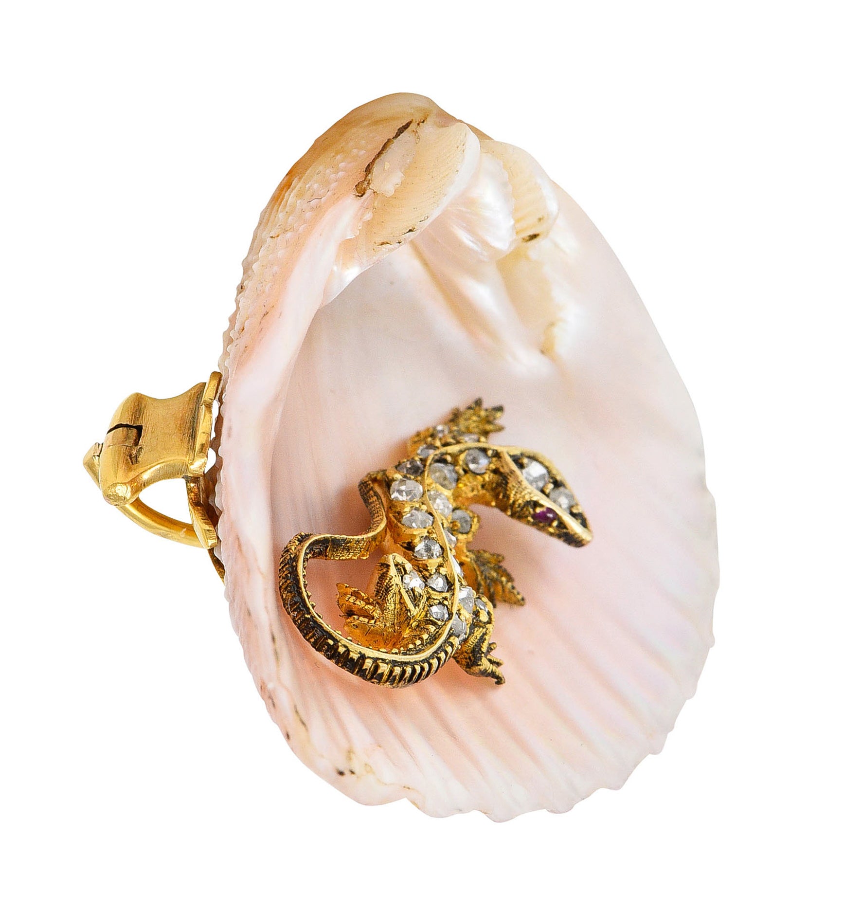 French Victorian Shell Rose Cut Diamond 18 Karat Gold Lizard BroochBrooch - Wilson's Estate Jewelry