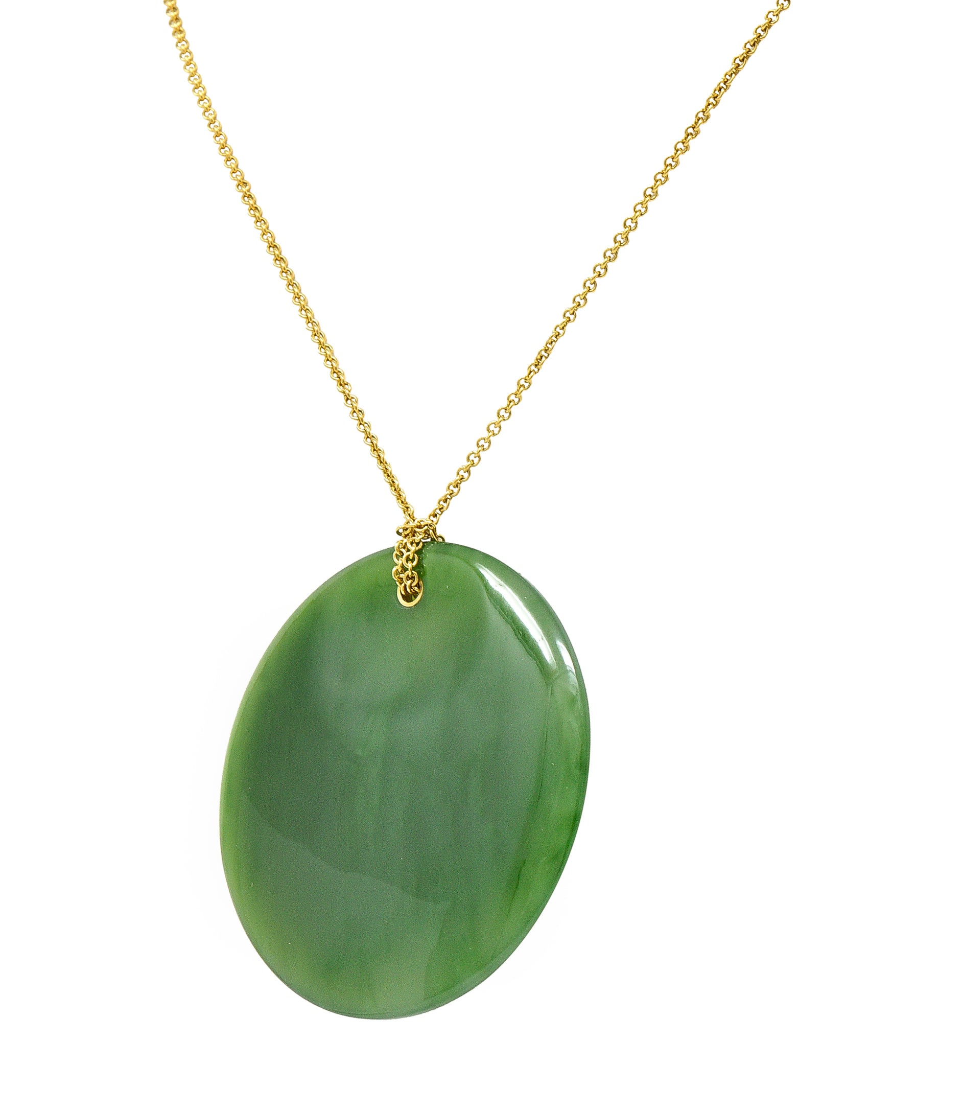 Large Elsa Peretti Tiffany & Co. Nephrite Jade 18 Karat Yellow Gold Vintage Carved Touchstone Pendant Necklace Wilson's Estate Jewelry