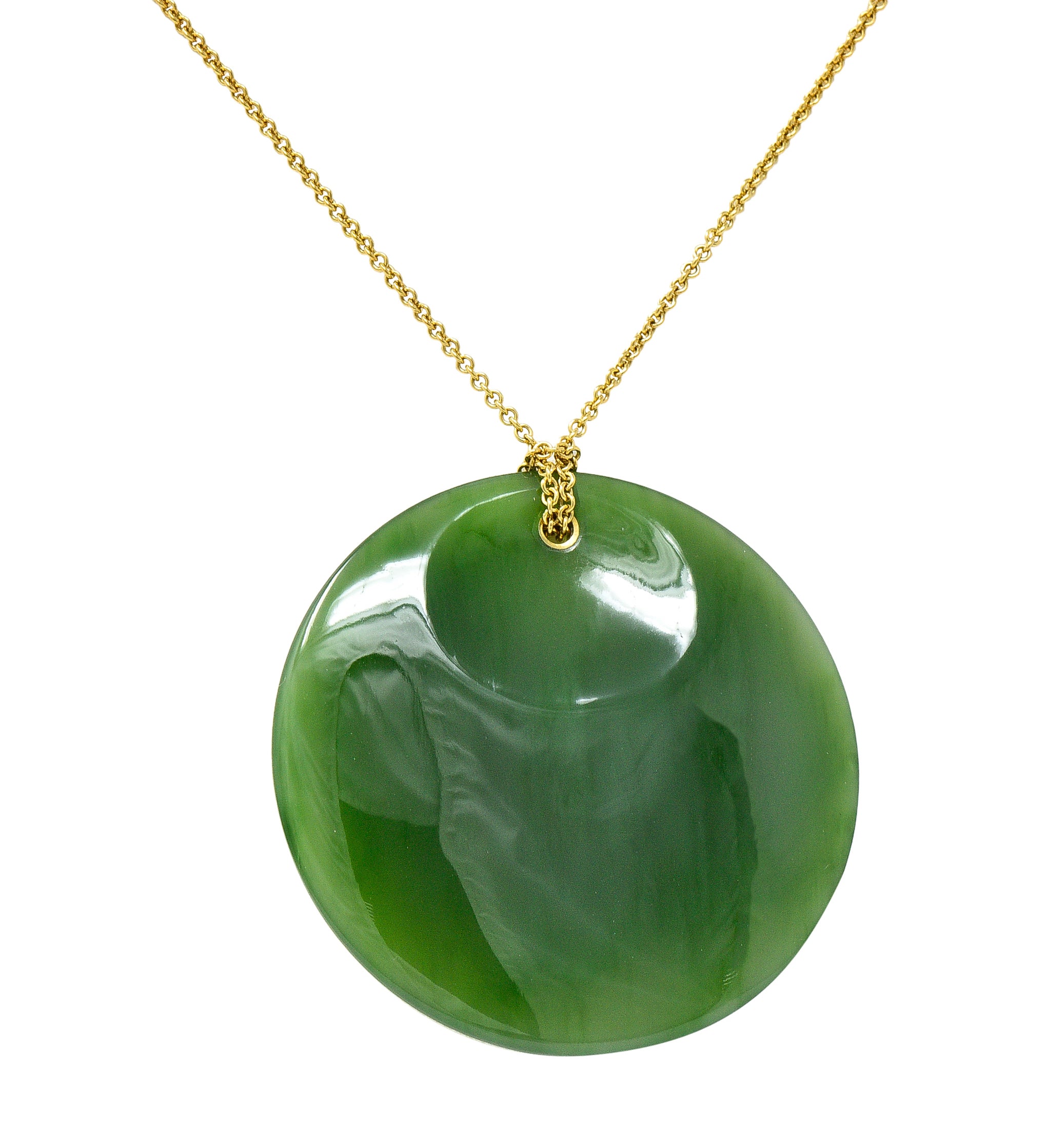 Large Elsa Peretti Tiffany & Co. Nephrite Jade 18 Karat Yellow Gold Vintage Carved Touchstone Pendant Necklace Wilson's Estate Jewelry