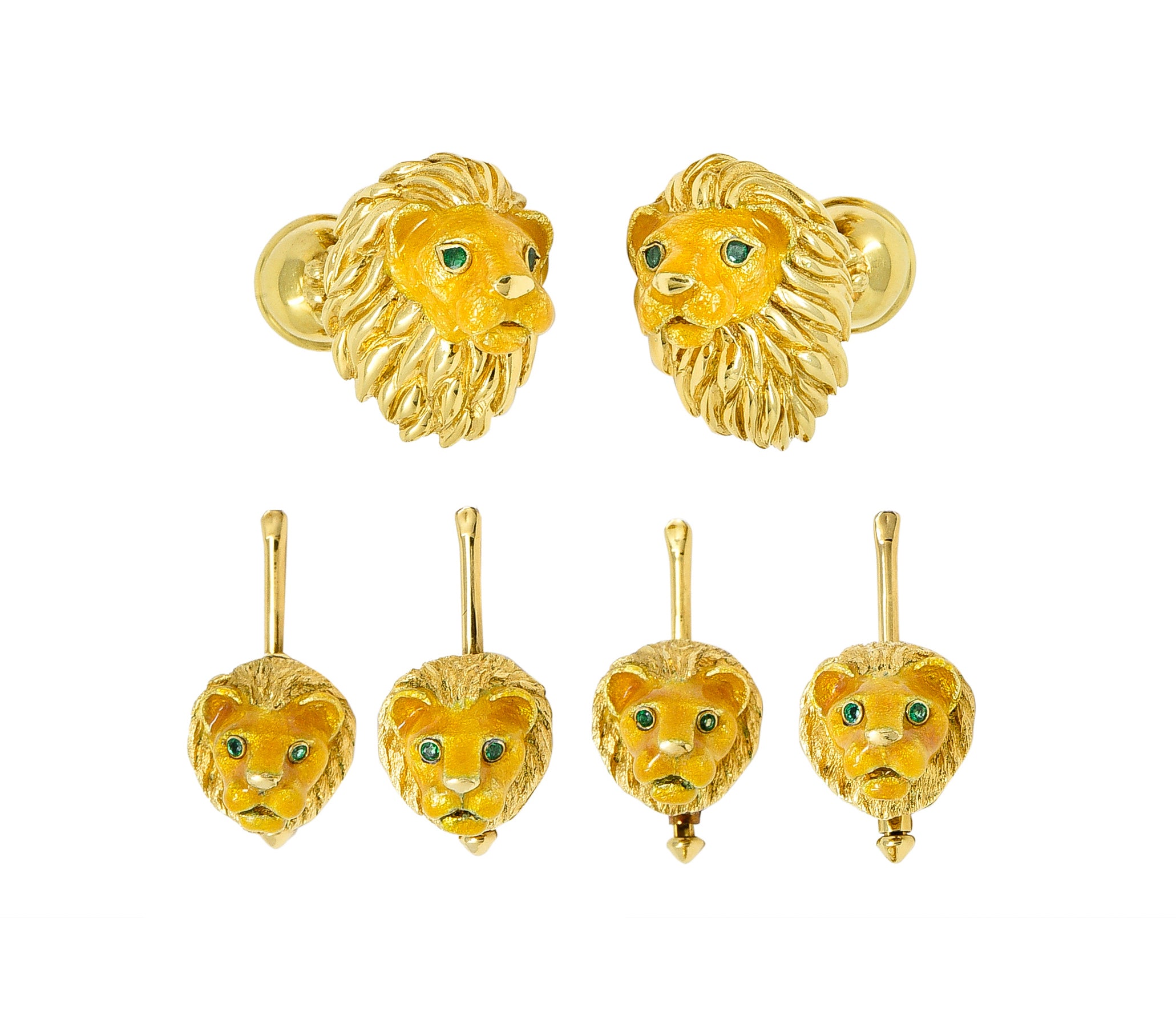 Tiffany & Co. Emerald Enamel 18 Karat Yellow Gold Lion Head Vintage Men's Cufflink Dress Set Wilson's Estate Jewelry