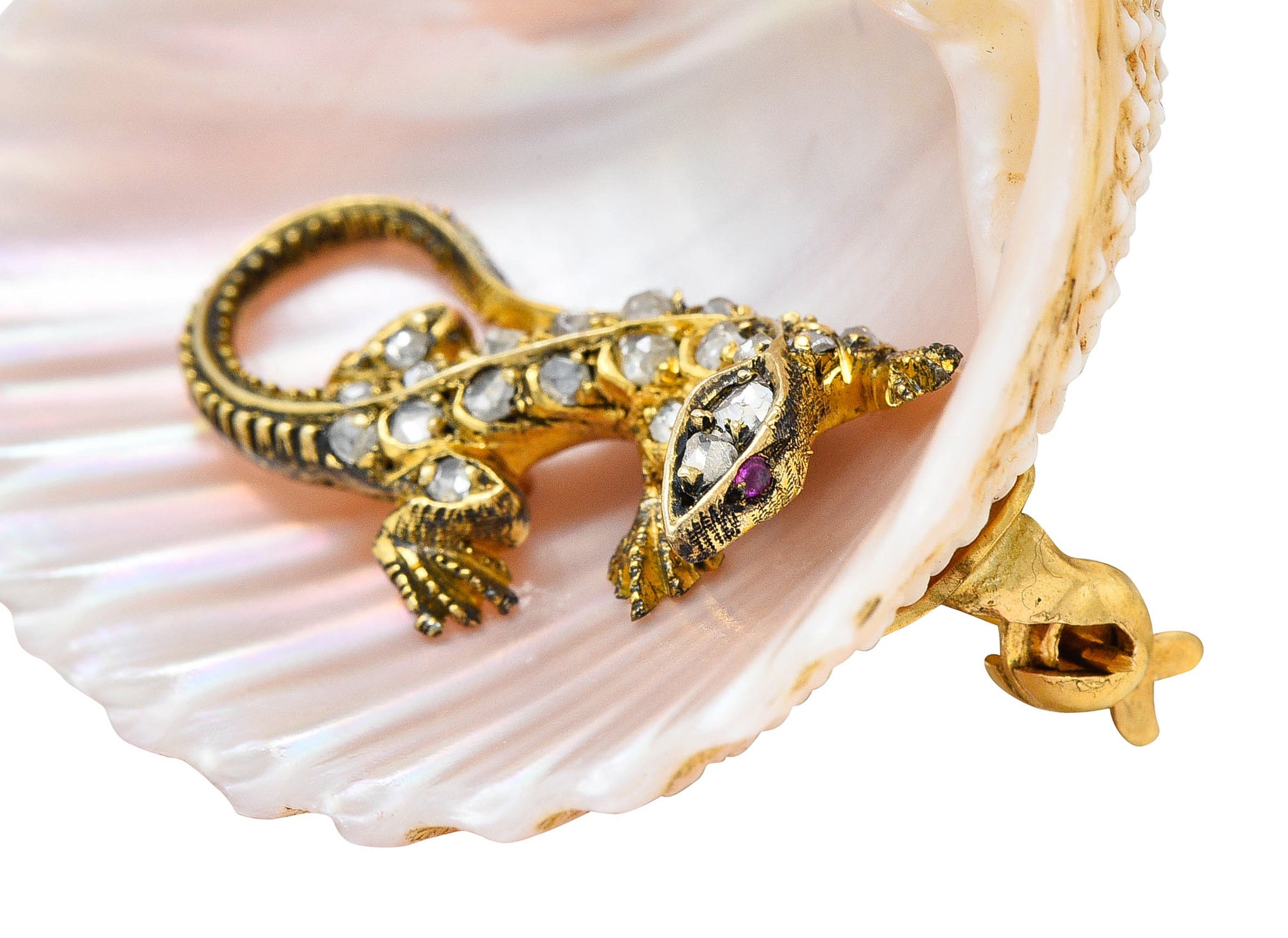 French Victorian Shell Rose Cut Diamond 18 Karat Gold Lizard BroochBrooch - Wilson's Estate Jewelry