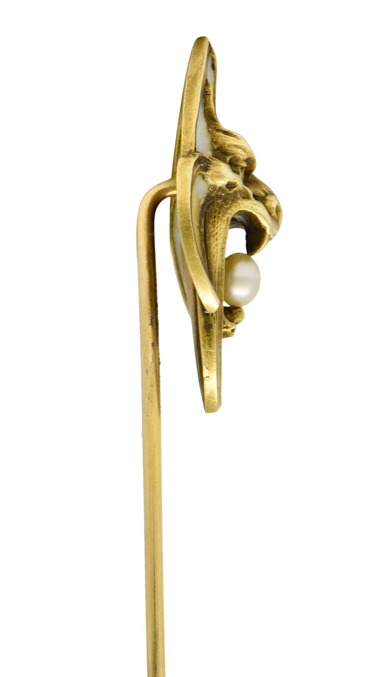 Art Nouveau Pearl Plique-A-Jour Enamel 14 Karat Gold Gargoyle StickpinStick Pin - Wilson's Estate Jewelry