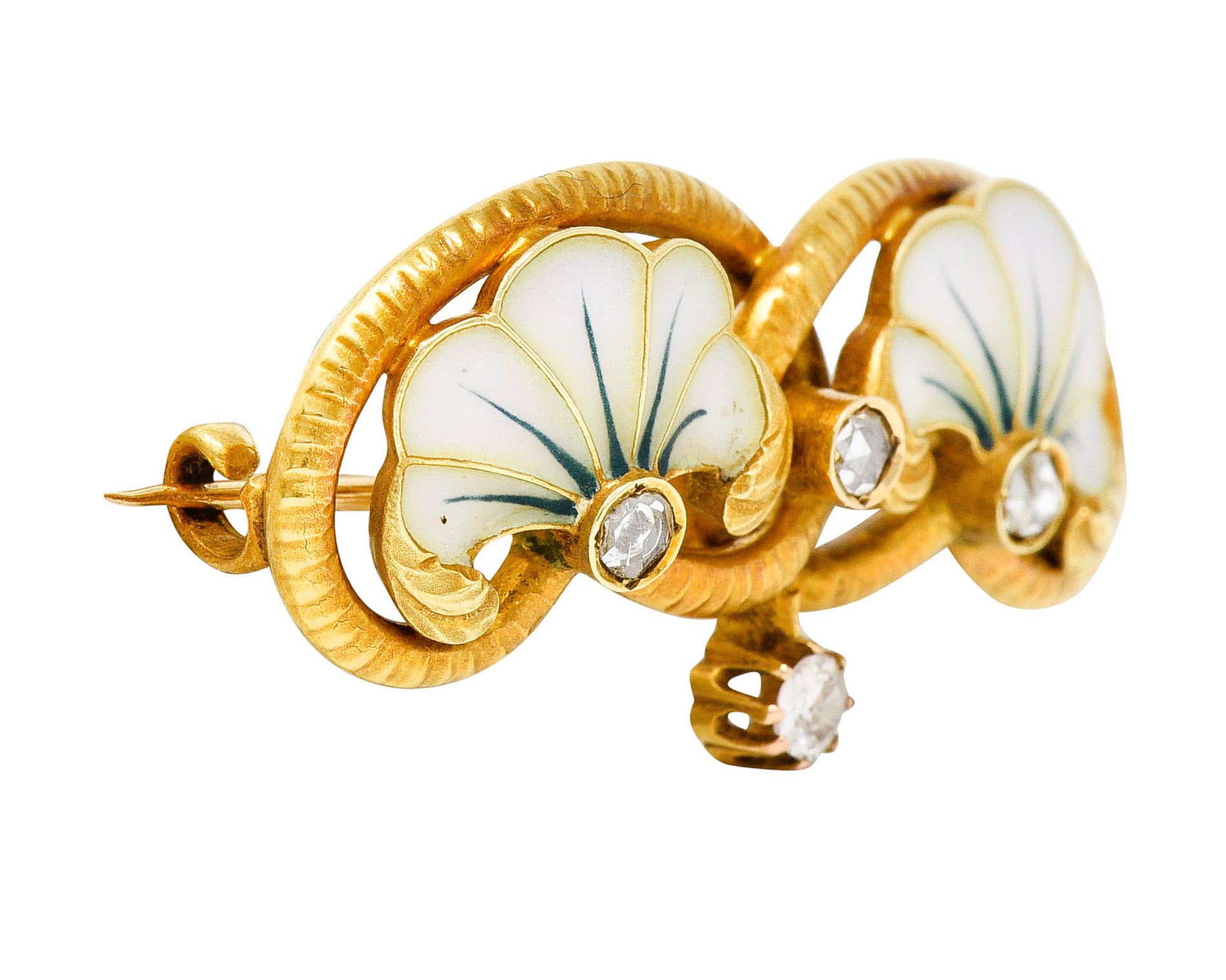 Art Nouveau Plique-A-Jour Enamel Diamond 18 Karat Gold Flower Love Knot BroochBrooch - Wilson's Estate Jewelry