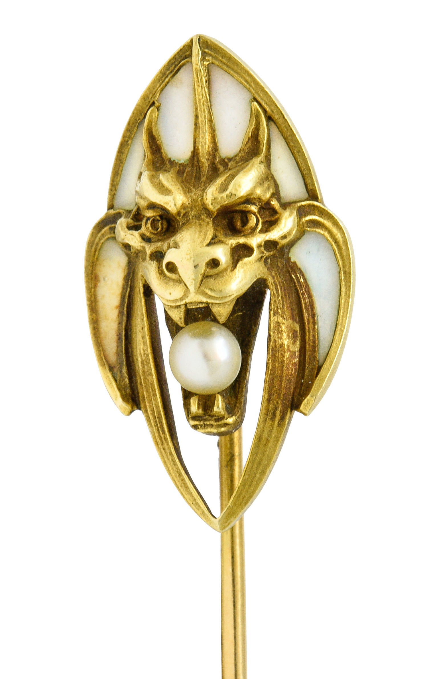 Art Nouveau Pearl Plique-A-Jour Enamel 14 Karat Gold Gargoyle StickpinStick Pin - Wilson's Estate Jewelry