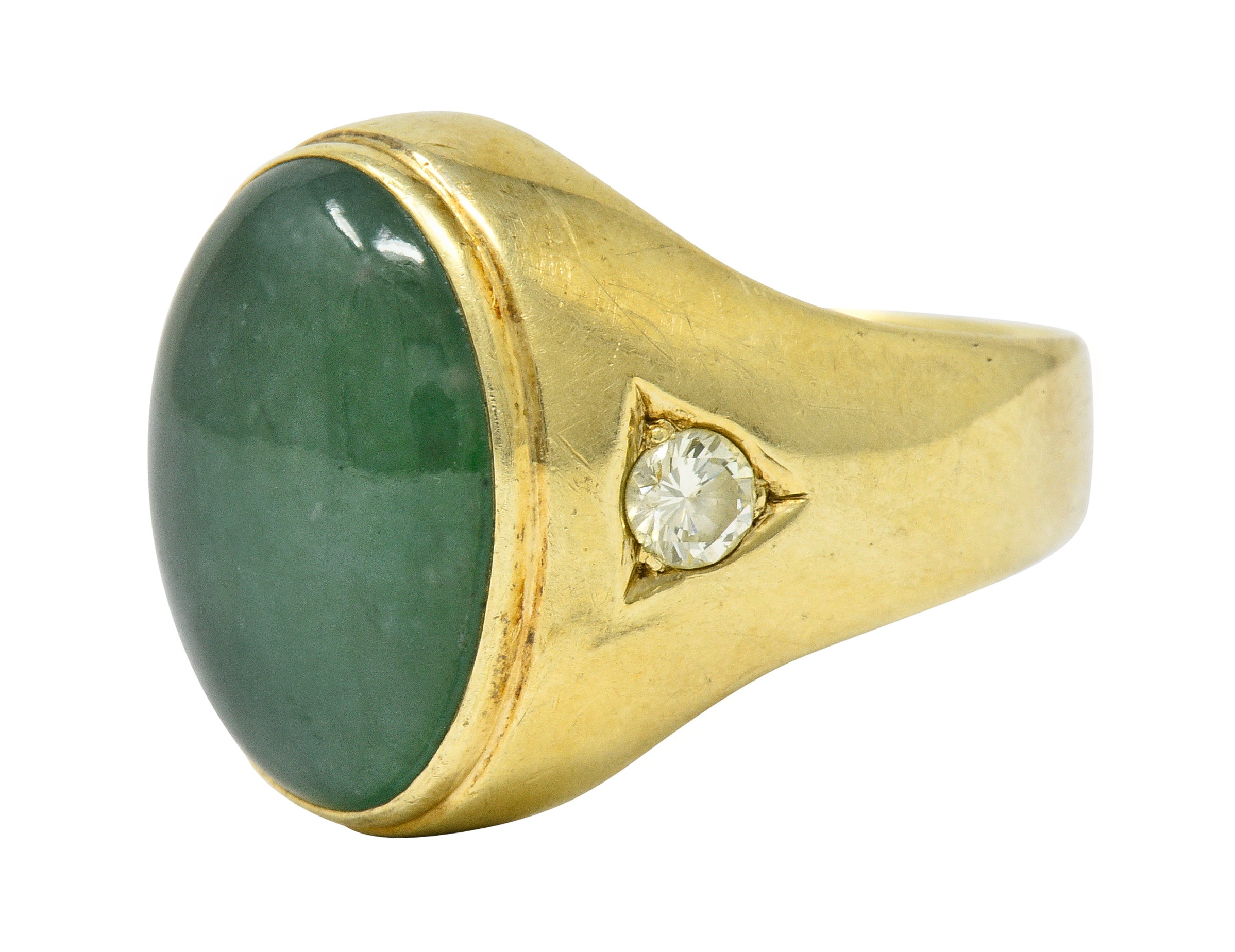 Retro Jadeite Jade Diamond 14 Karat Gold Unisex Cabochon Ring GIARing - Wilson's Estate Jewelry