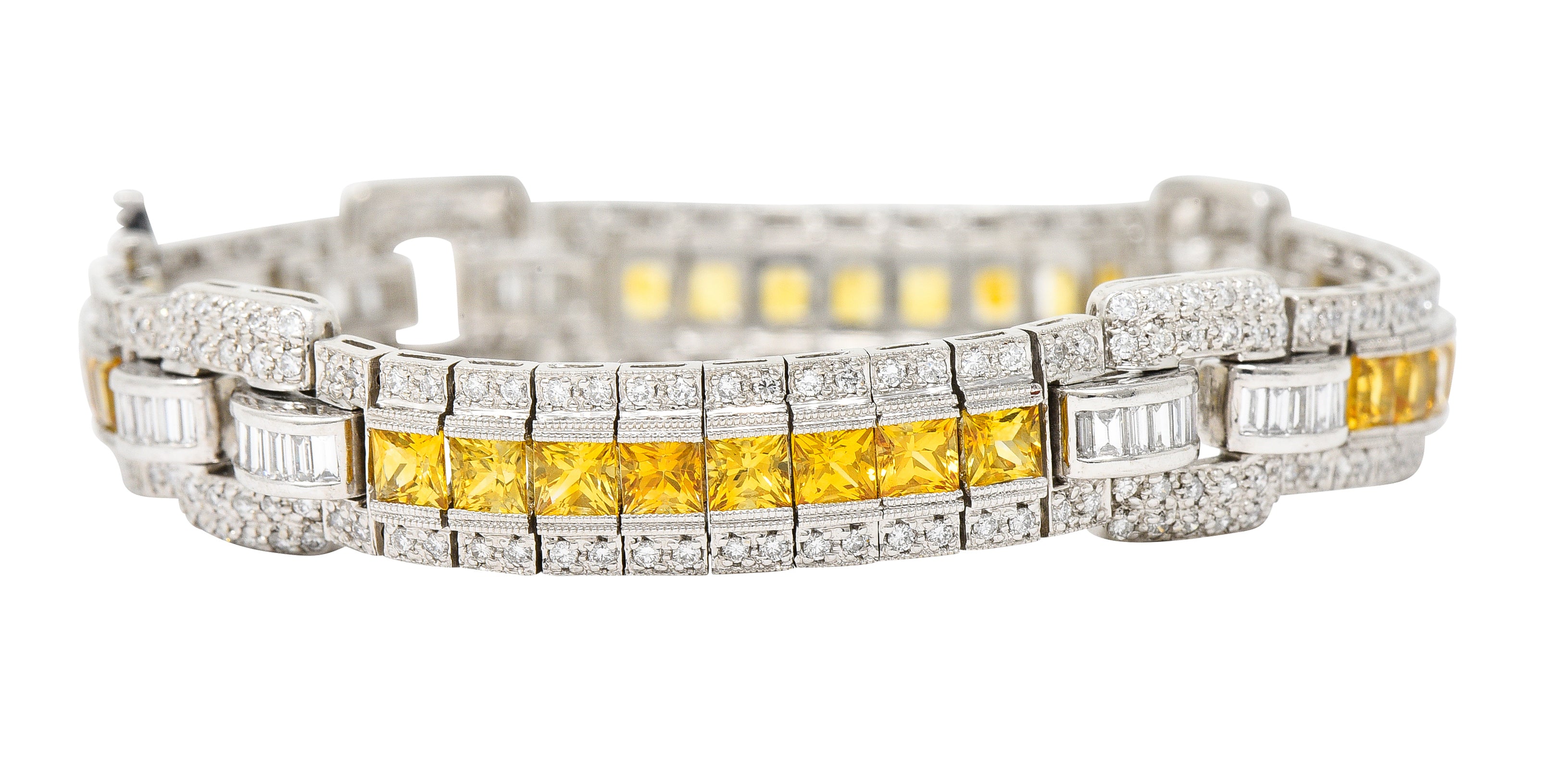 Contemporary 12.79 CTW Yellow Sapphire Diamond Platinum Buckle Line Bracelet Wilson's Estate Jewelry