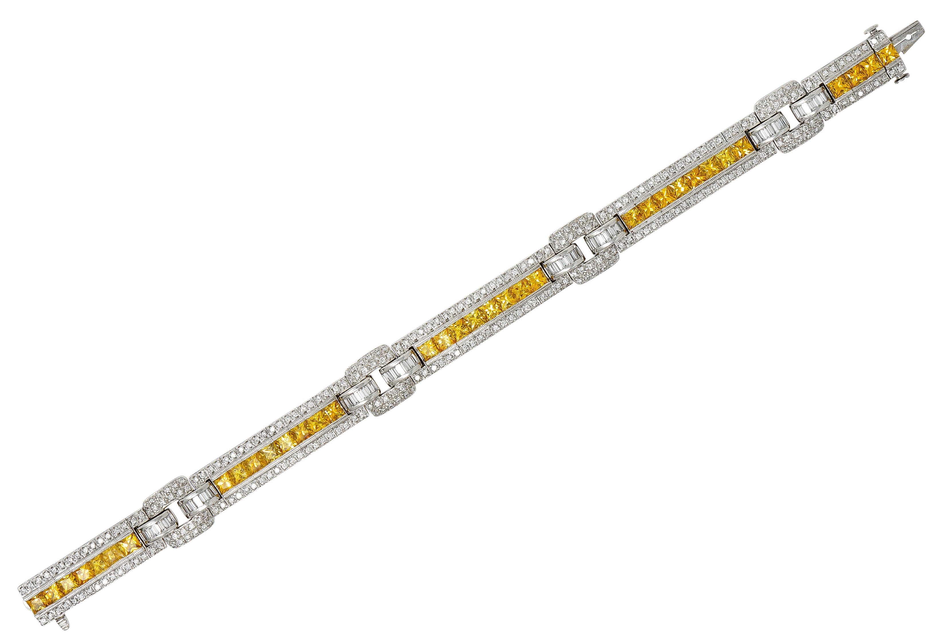 Contemporary 12.79 CTW Yellow Sapphire Diamond Platinum Buckle Line Bracelet Wilson's Estate Jewelry