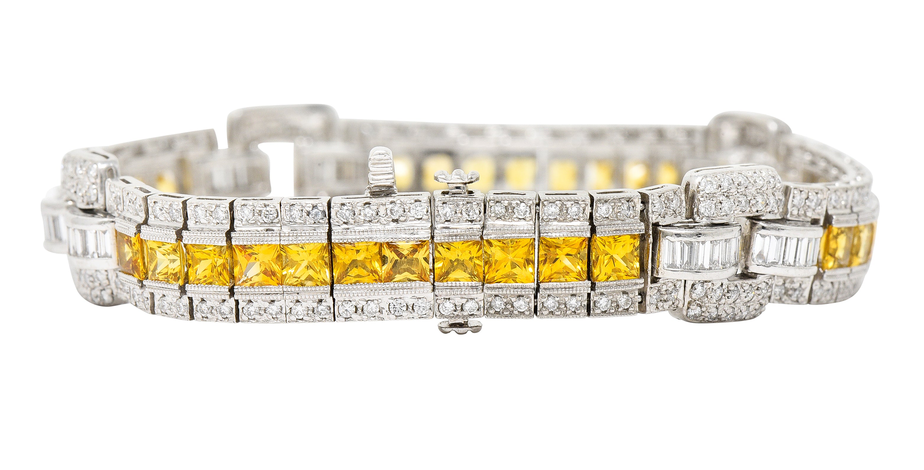 Contemporary 12.79 CTW Yellow Sapphire Diamond Platinum Buckle Line Bracelet Wilson's Estate Jewelry