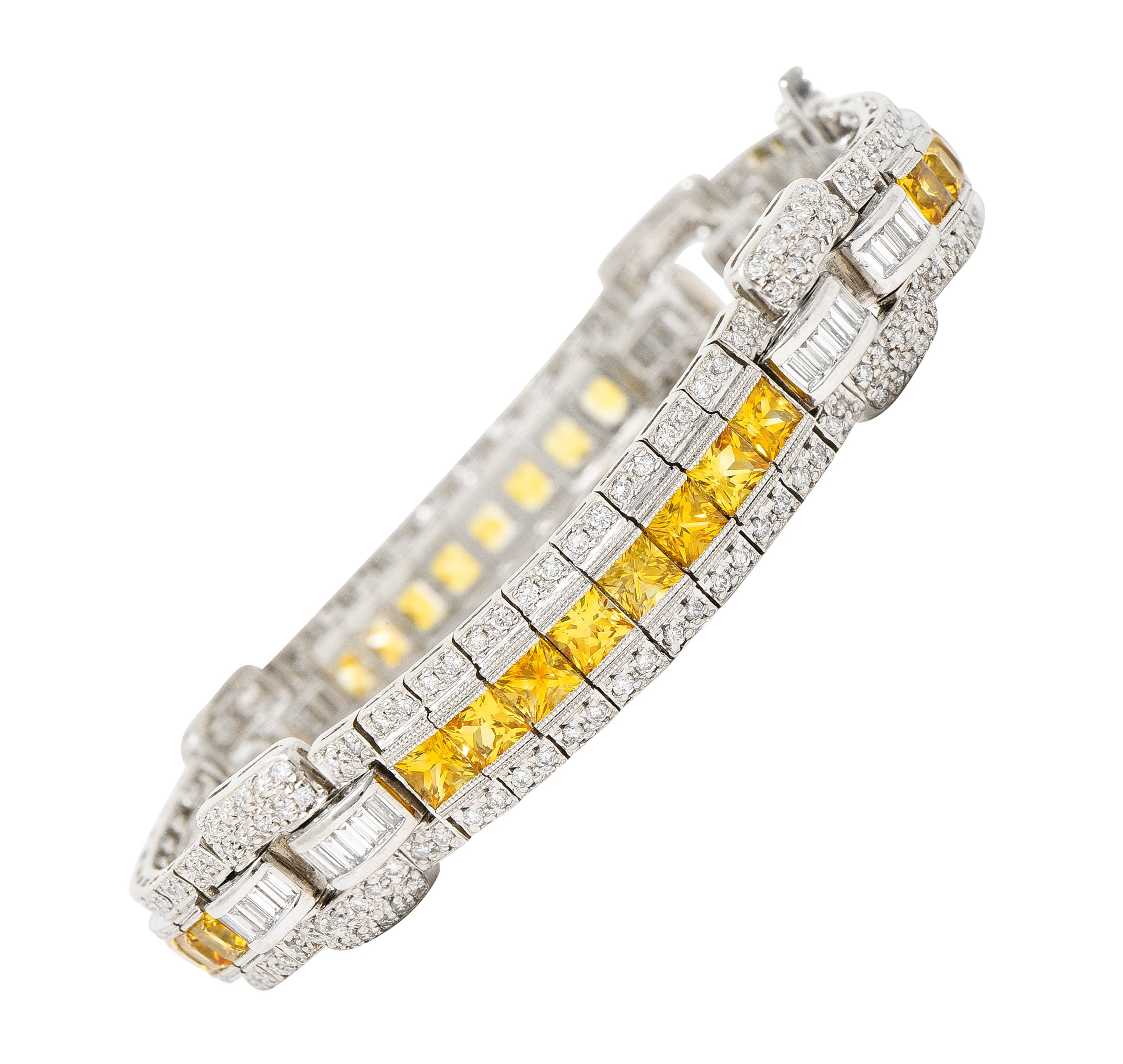 Contemporary 12.79 CTW Yellow Sapphire Diamond Platinum Buckle Line Bracelet Wilson's Estate Jewelry