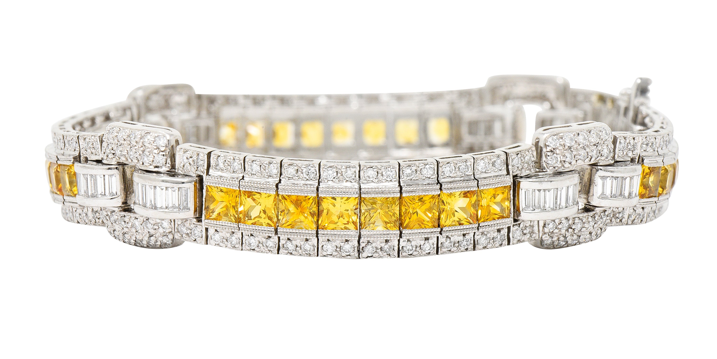 Contemporary 12.79 CTW Yellow Sapphire Diamond Platinum Buckle Line Bracelet Wilson's Estate Jewelry