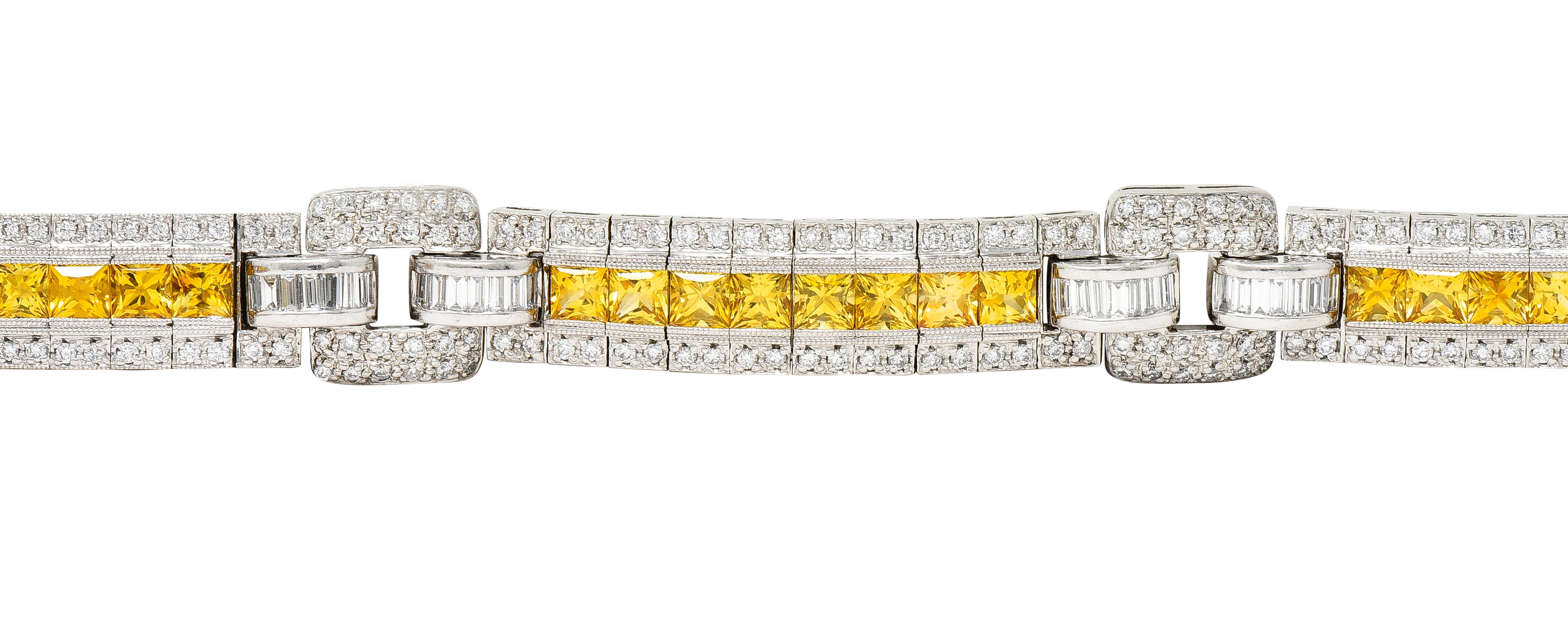 Contemporary 12.79 CTW Yellow Sapphire Diamond Platinum Buckle Line Bracelet Wilson's Estate Jewelry