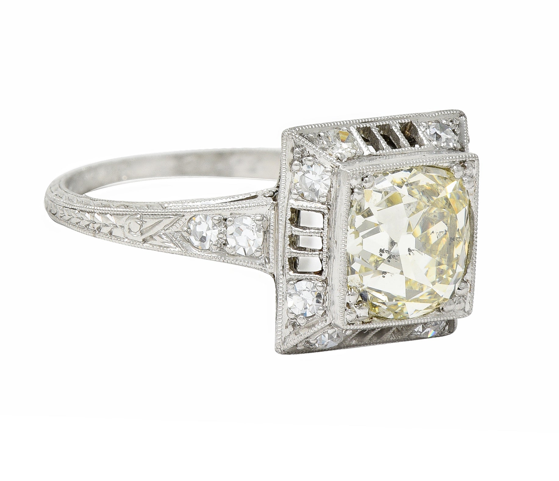 1928 Art Deco 2.37 CTW Light Yellow Diamond Platinum Vintage Pyramid Ring