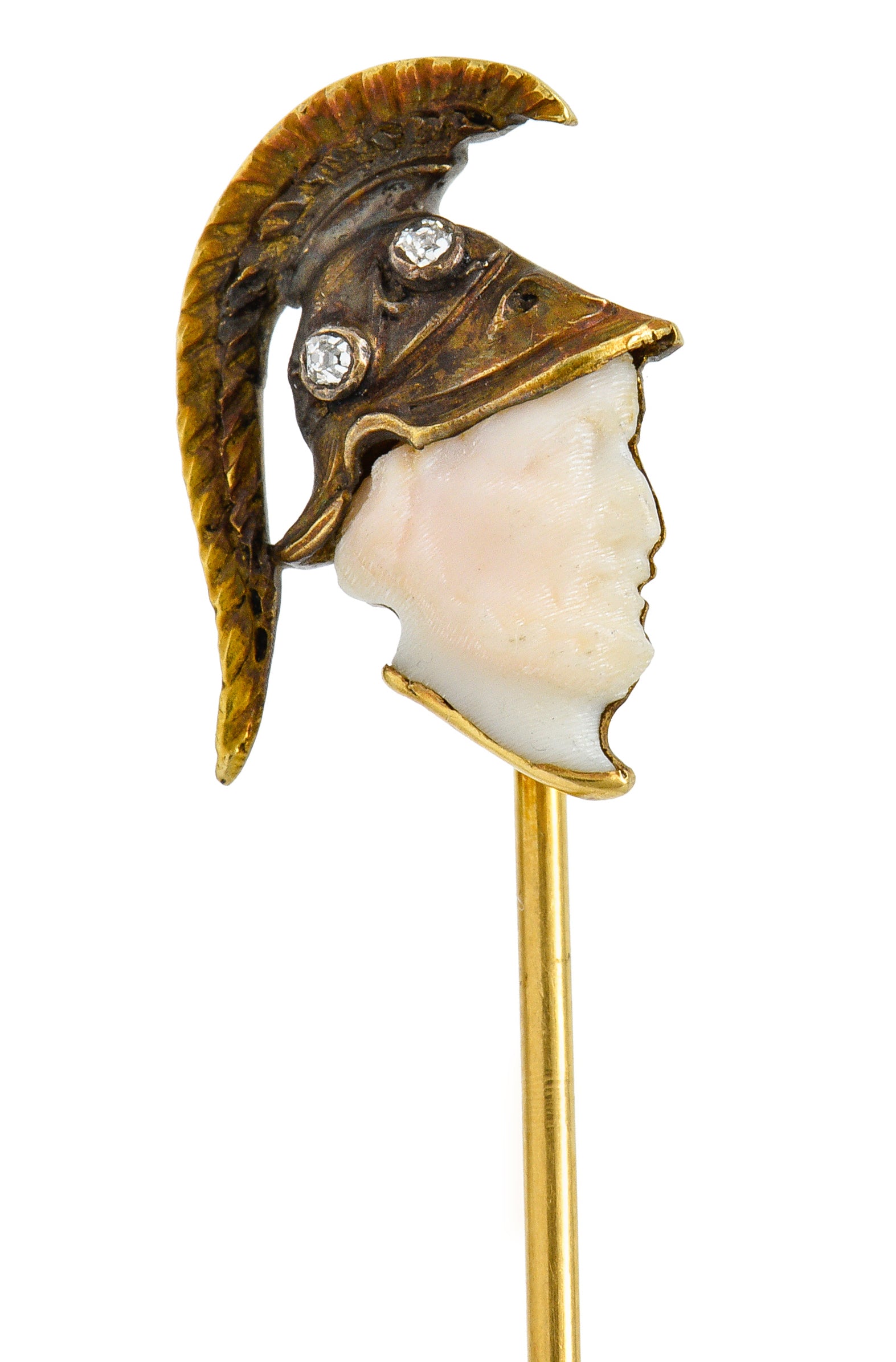 Victorian Carved Hardstone Diamond 18 Karat Gold Hellenistic Warrior StickpinStick Pin - Wilson's Estate Jewelry