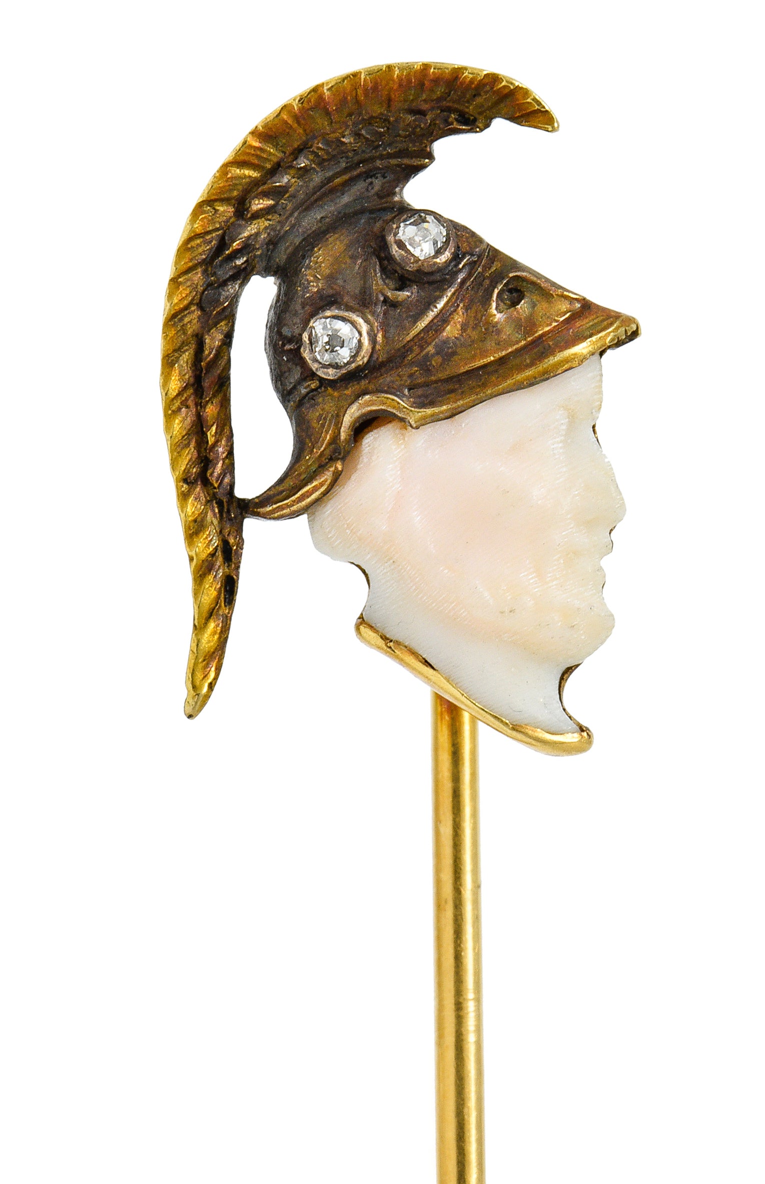 Victorian Carved Hardstone Diamond 18 Karat Gold Hellenistic Warrior StickpinStick Pin - Wilson's Estate Jewelry