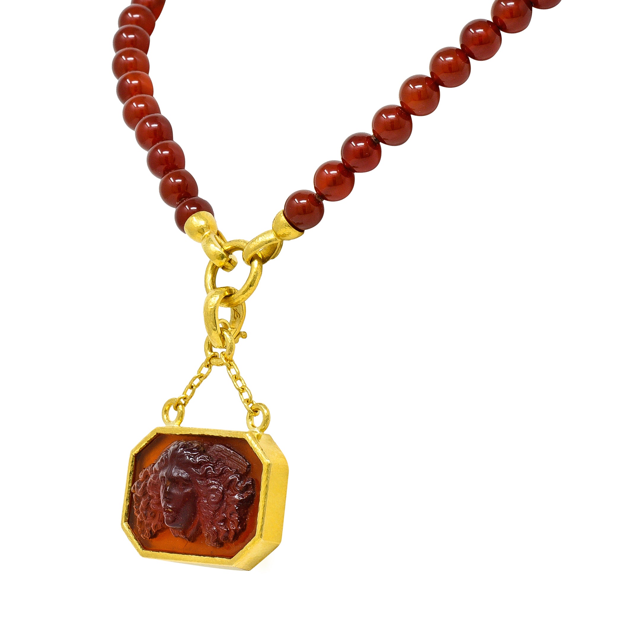 Elizabeth Locke Carnelian Venetian Glass Mother-Of-Pearl 19 Karat Gold Medusa Enhancer Pendant NecklaceNecklace - Wilson's Estate Jewelry