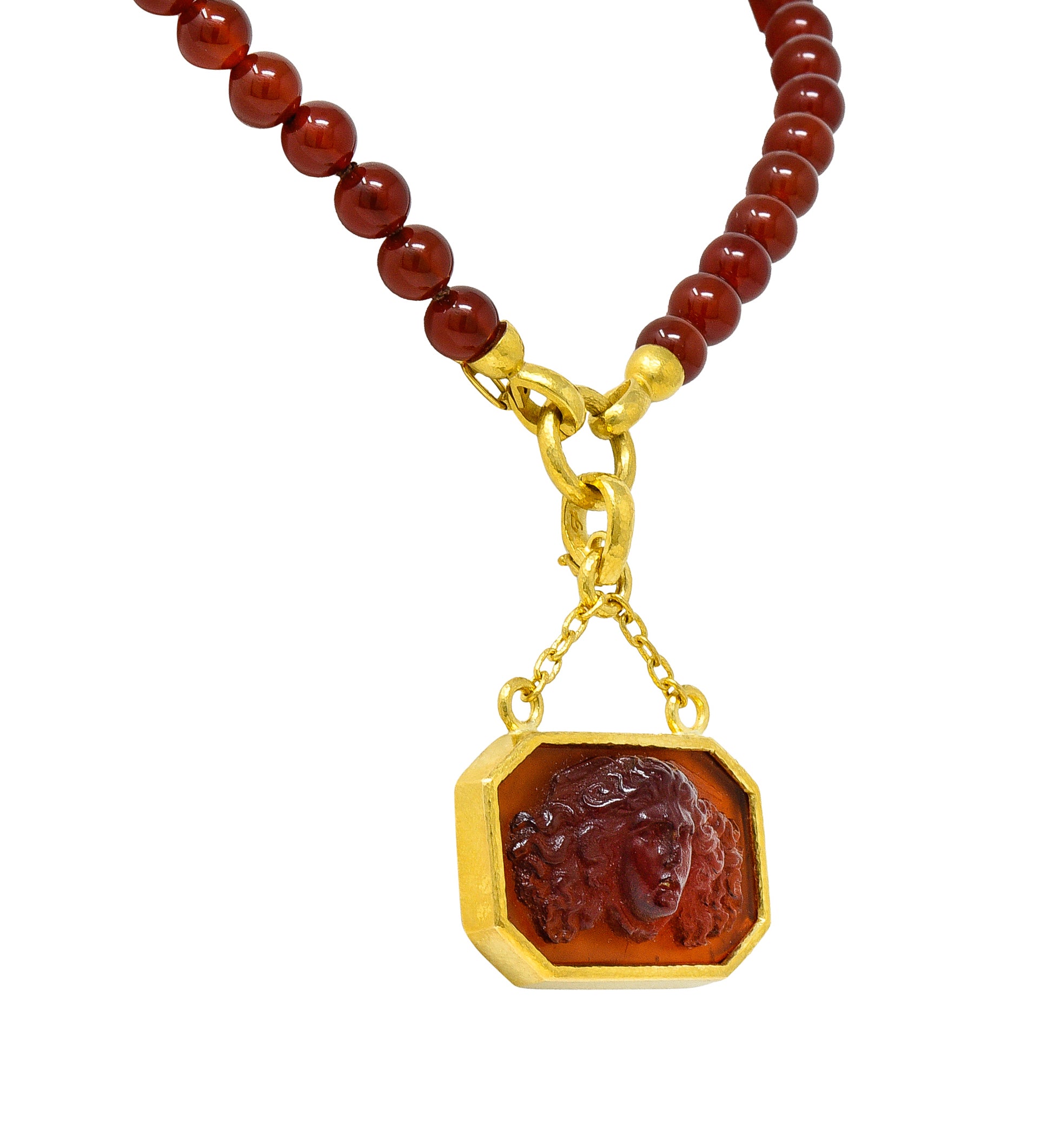 Elizabeth Locke Carnelian Venetian Glass Mother-Of-Pearl 19 Karat Gold Medusa Enhancer Pendant NecklaceNecklace - Wilson's Estate Jewelry