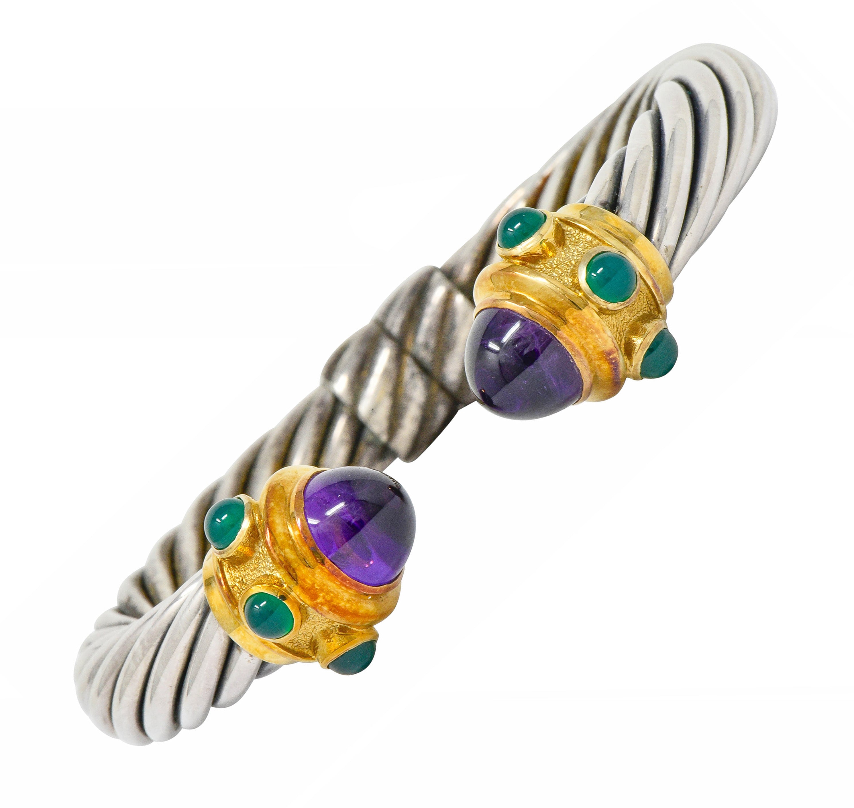 David Yurman Amethyst Chrysoprase Sterling Silver 14 Karat Gold Renaissance Cuff Bracelet - Wilson's Estate Jewelry